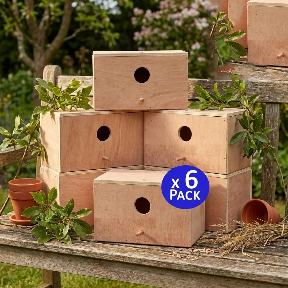 Suinga Pack 6 Nido Jaula de Madera para Pajaro, 25x15x15 cm - Alojamiento para Pájaros Aves