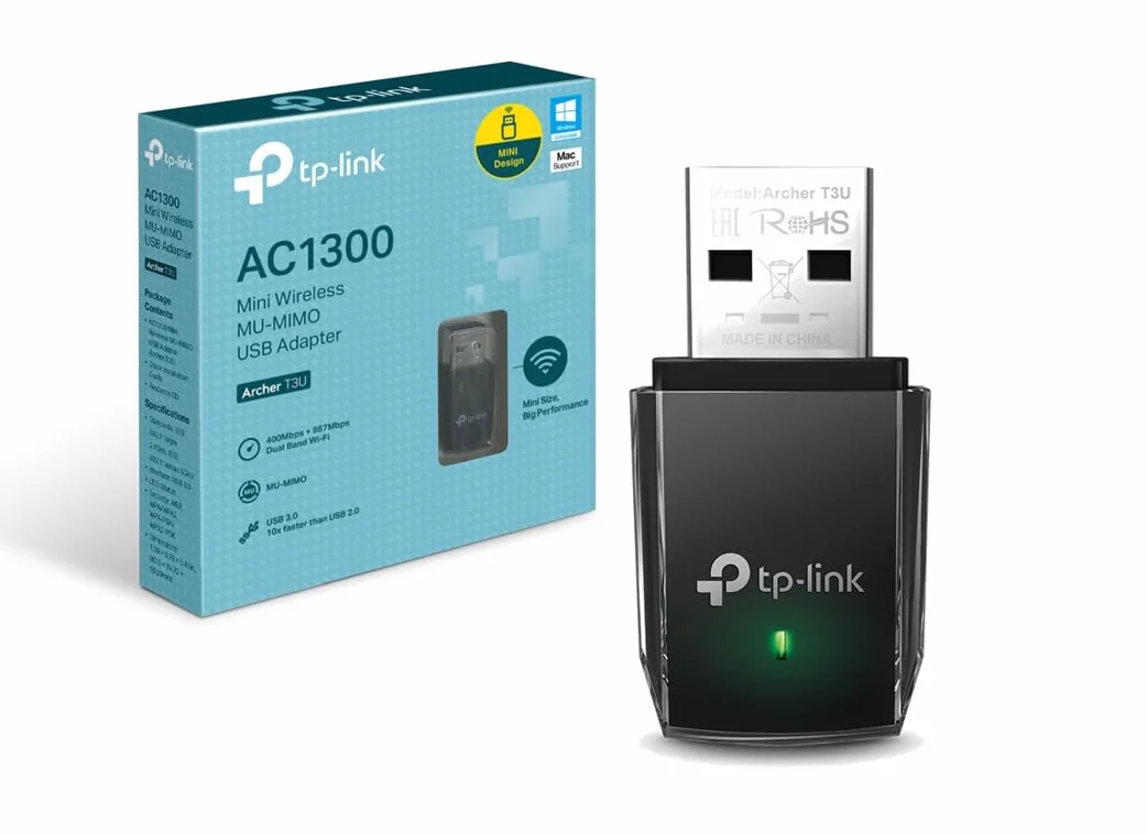 TP-Link Archer T3U Adaptador Wi-Fi AC1300 Doble Banda 5GHz 867Mbps 2GHz 400Mbps MU-MIMO USB 3.0 Mini Negro