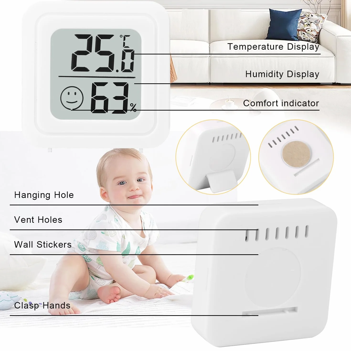 Mini Higrómetro Termómetro Interior 4 Pcs Higrometro Termómetro Digital Casa Pantalla LED con Logo de Confort para Termometro Ambiental para Hogar Oficina Dormitorio Jardín