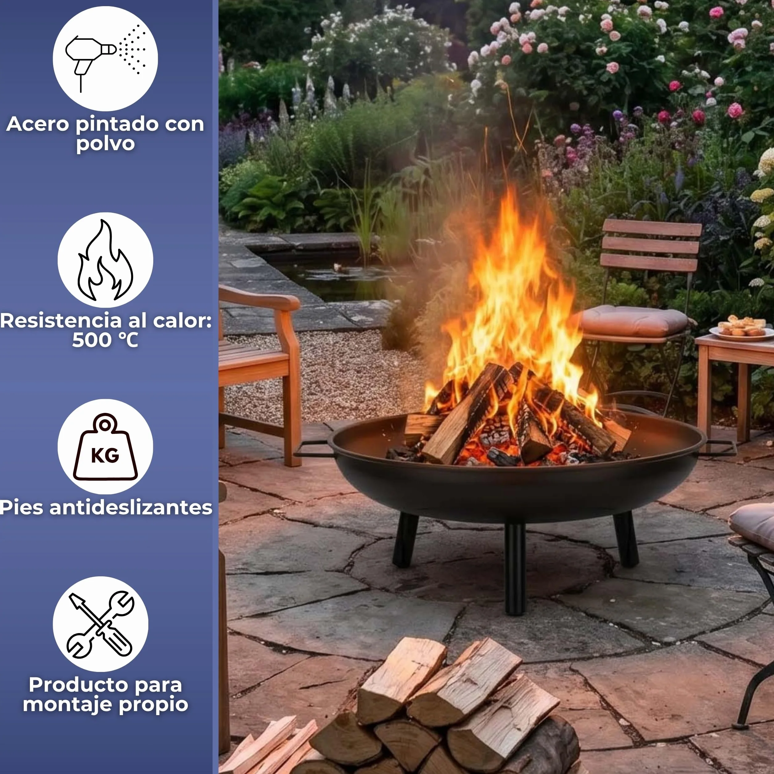 Brasero de jardín de 58 cm, brasero portátil, para exteriores, redondo, de acero, para terraza, camping, hoguera, patio, calefacción de jardín, color negro SPRINGOS