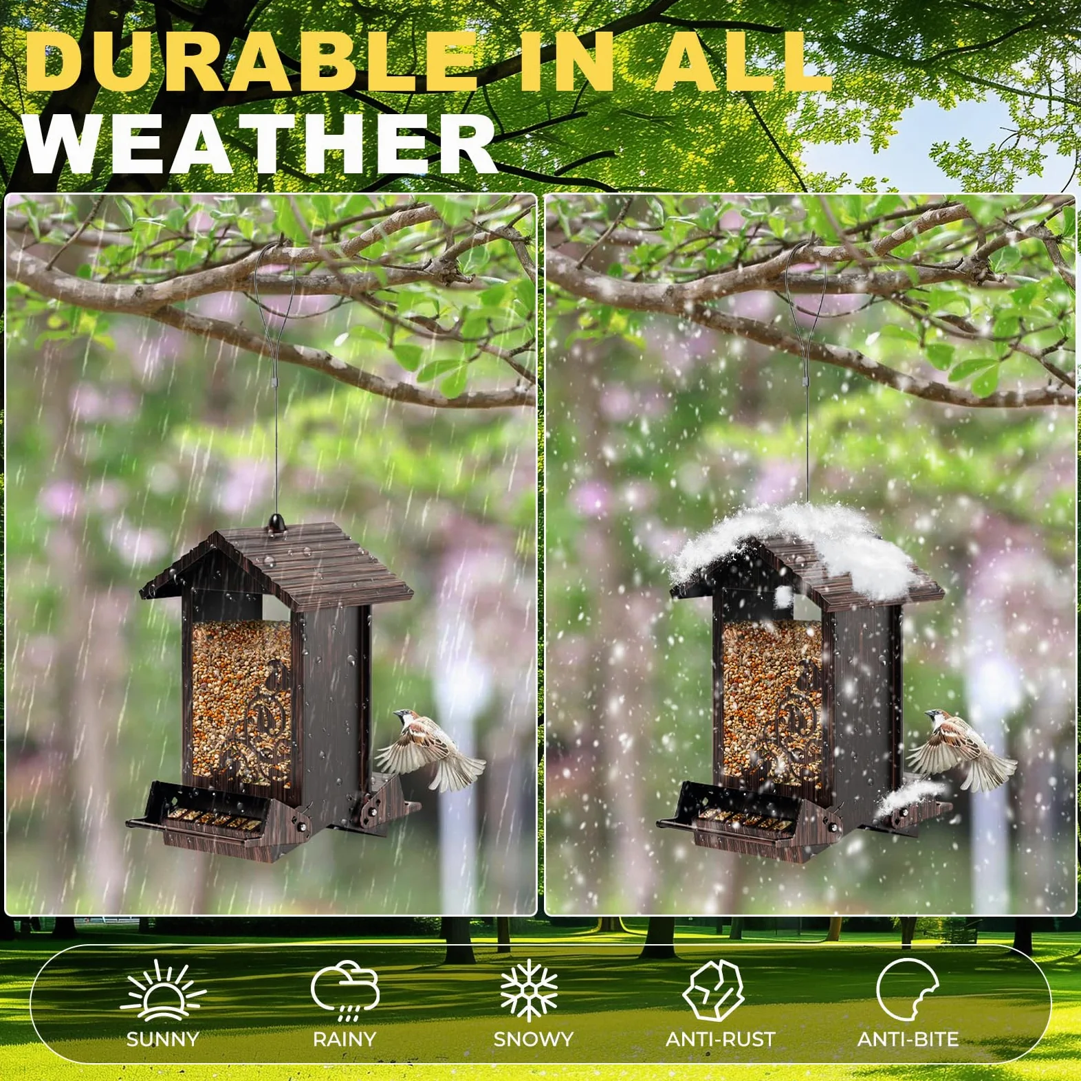 Comedero para pájaros a prueba de ardillas para colgar al aire libre, comedero de semillas de pájaros de metal con perchas bilaterales activadas por peso, comederos de pájaros silvestres de gran