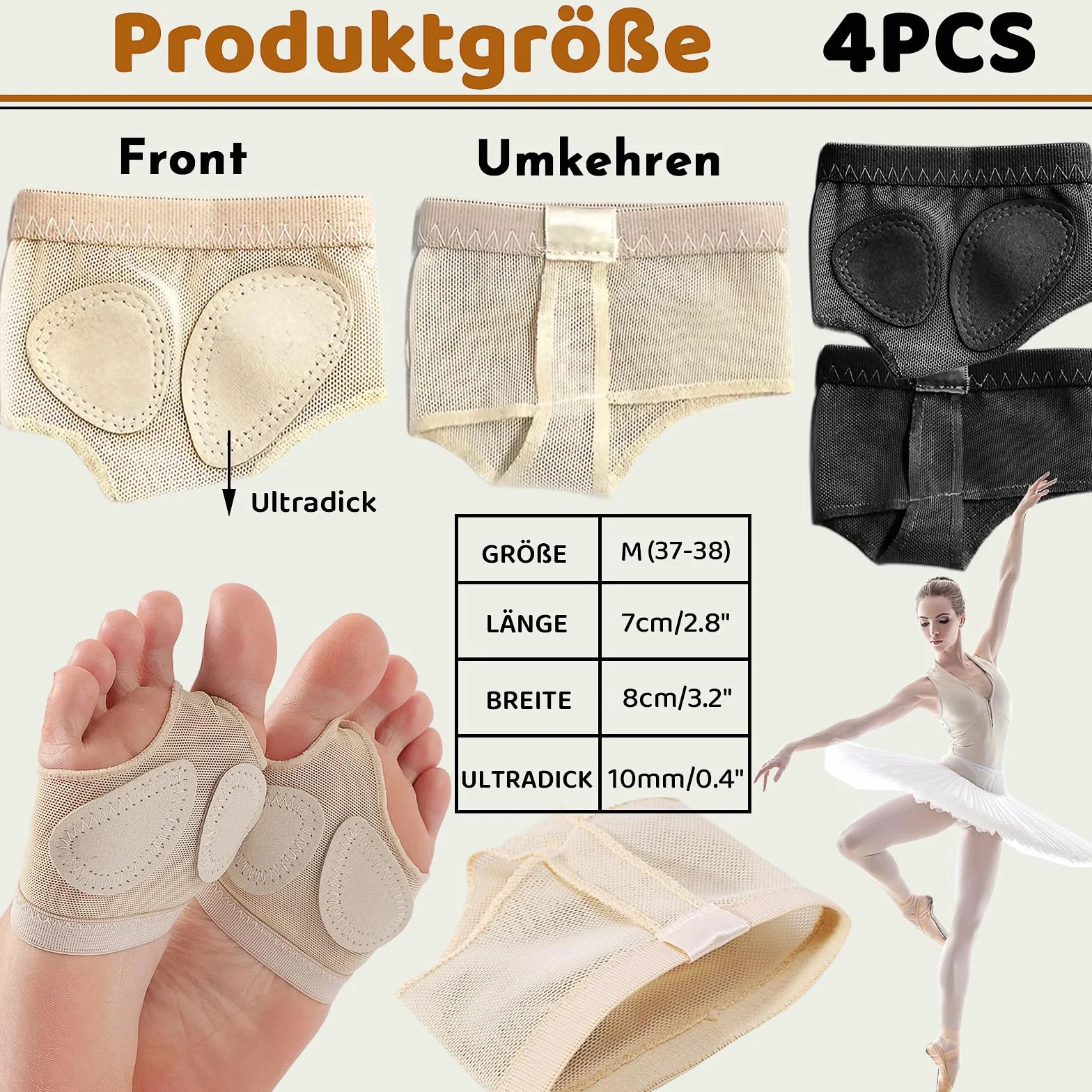 Protección Pies Baile, 2 Pares Tangas de Pie de Ballet, Almohadilla Protectora para Gimnasia (Negro y Tono de Piel)