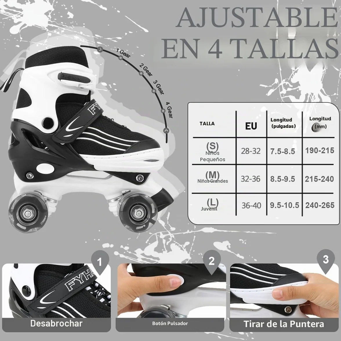 Patines Quad Ajustables 4 Tamaños Ruedas Luminosas Blanco Negro para Niñas Niños Principiantes