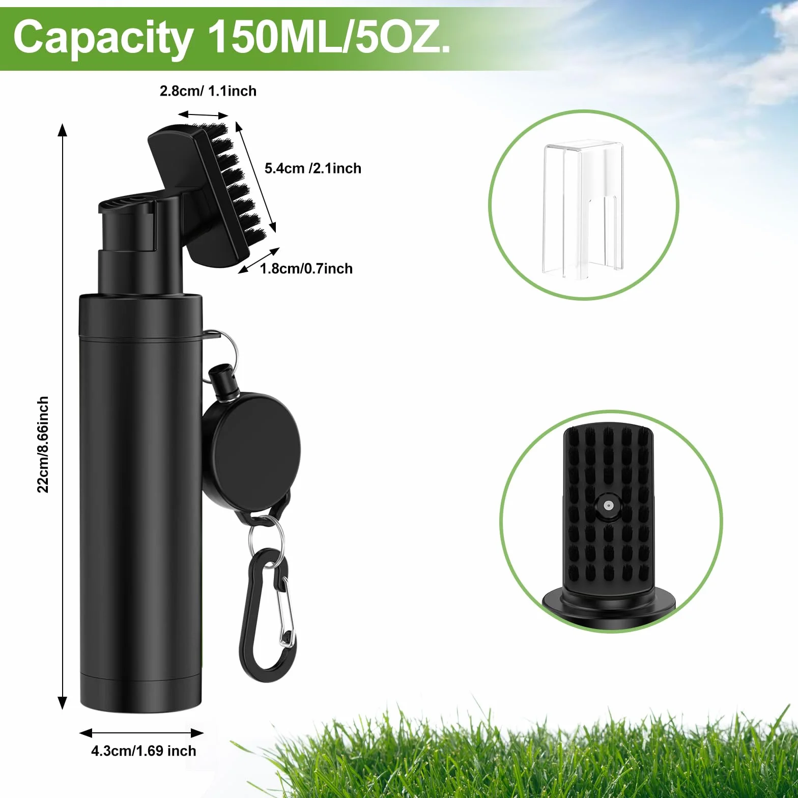 Cepillo limpiador de palos de golf 360° con clip mosquetón y botella a prueba de fugas, herramienta ligera compacta para palos, pelotas y zapatos