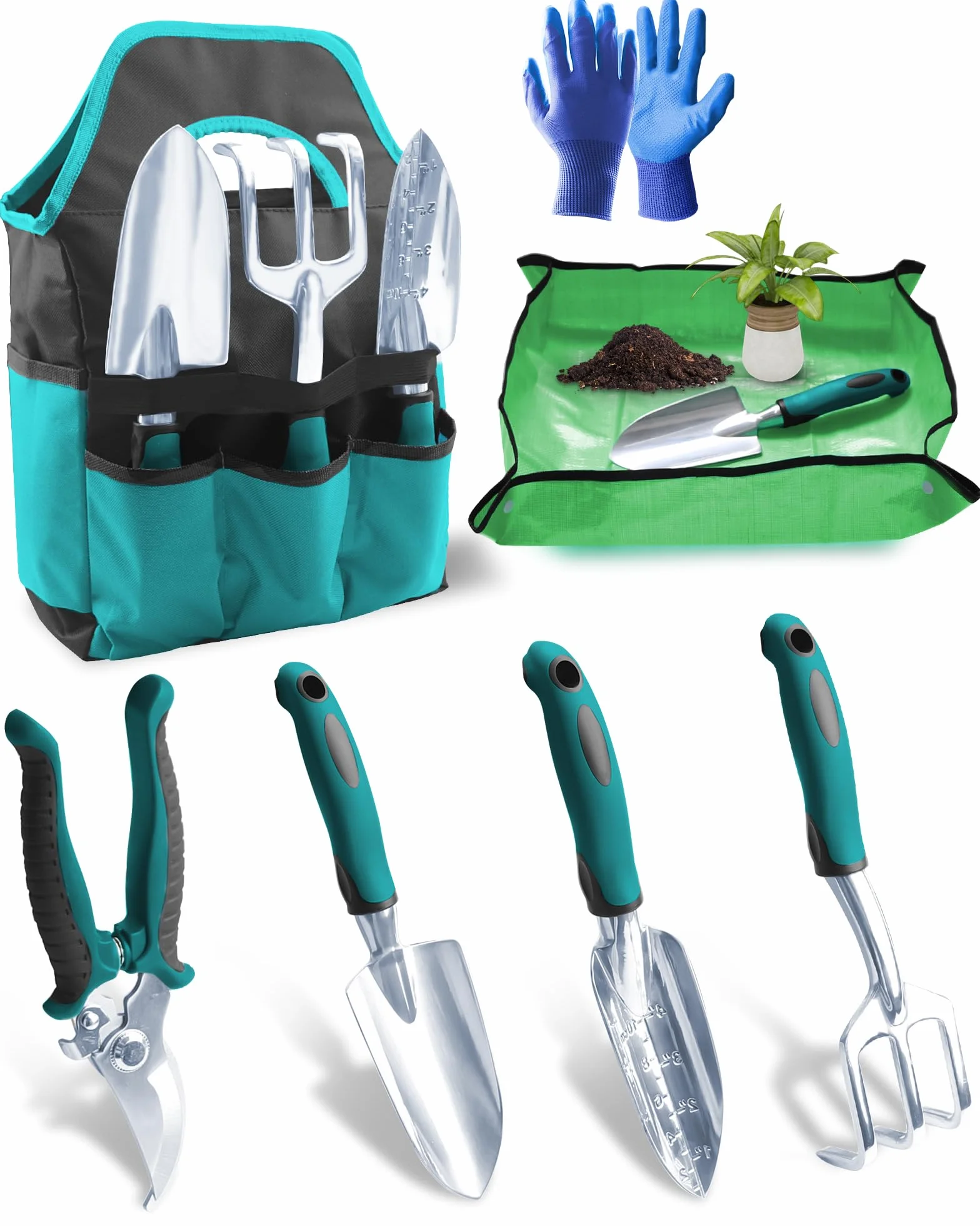 7 Piezas Juego de Herramientas de Jardinería con Mango Ergonómico – Kit de Herramientas de Jardín Anti-Rust con Bolsa de Almacenamiento – Regalo Ideal para Jardinería