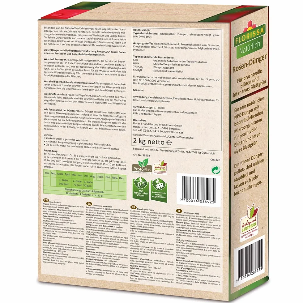 Abono para rosas orgánico con ProtoPlus para una rápida disponibilidad de nutrientes en primavera | microorganismos que estimulan el suelo, 2 kg.