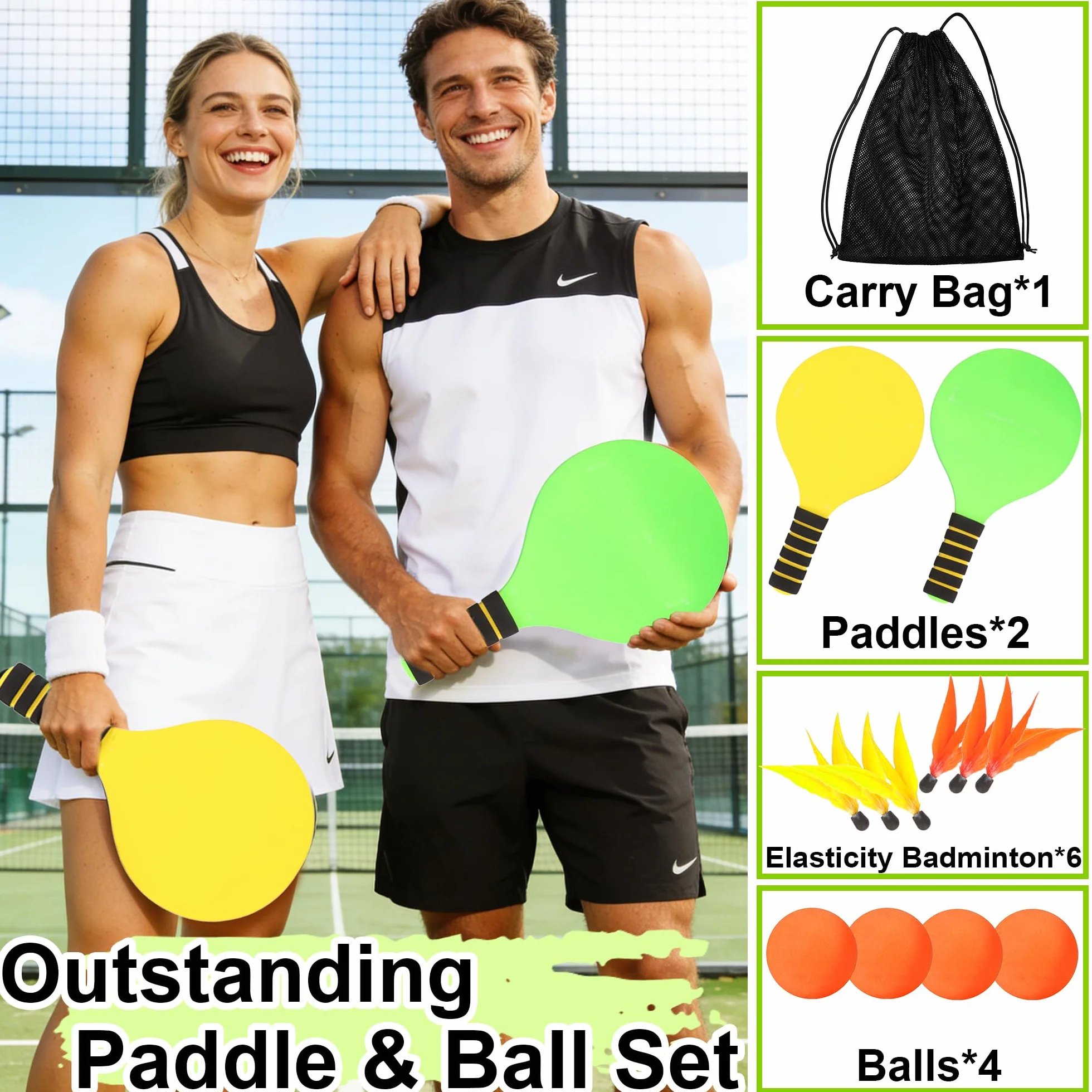 Set de Palas de Playa con Raquetas, 4 Pelotas, 6 Pajaritos y Bolsa