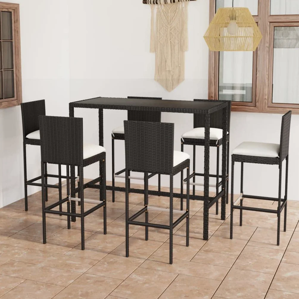 Juego de Muebles de Jardín 7 Piezas con Cojines Ratán PE Negro Conjunto de Bar de Terraza Resistente al Agua Mesa de Patio 130x60x110 cm Estructura de Acero Taburete de Bar