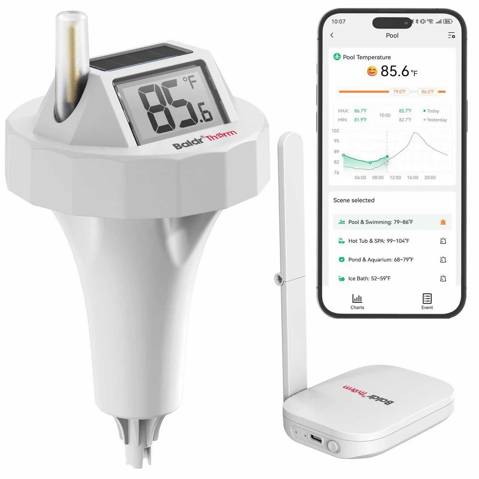 BaldrTherm Termómetro de piscina inteligente Wi-Fi, impermeable IPX8, monitor de temperatura del agua digital flotante con aplicación, fácil lectura y notificaciones de alerta para estanques, jacuzzi