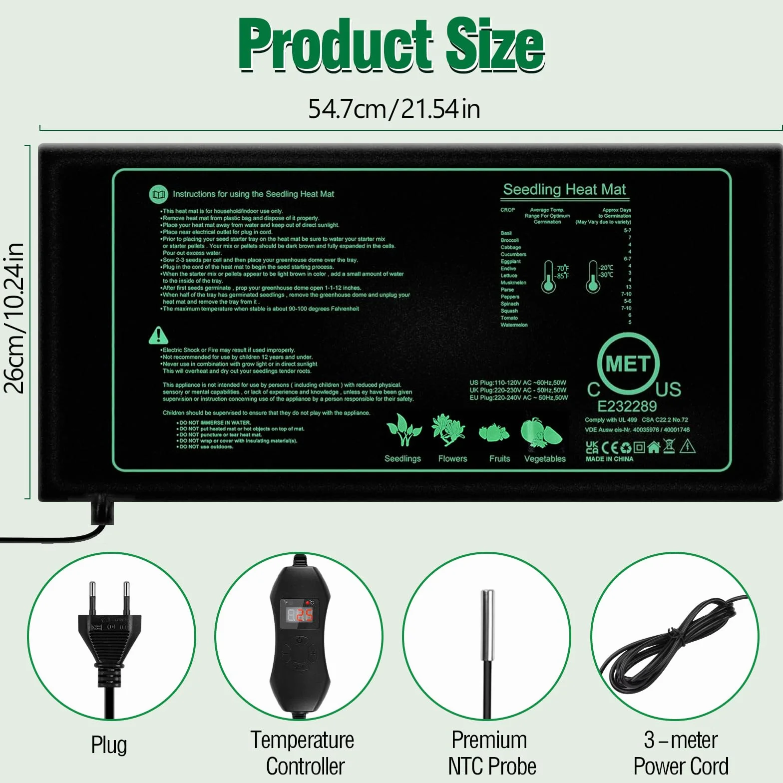 Estera TéRmica para Plantas con Termostato, 50W Alfombrilla Térmica para Plántulas, Acelera Germinación, Ignífugo, IP67 Impermeable, para Mascotas, Reptiles, Plántulas, 54 x 26 cm