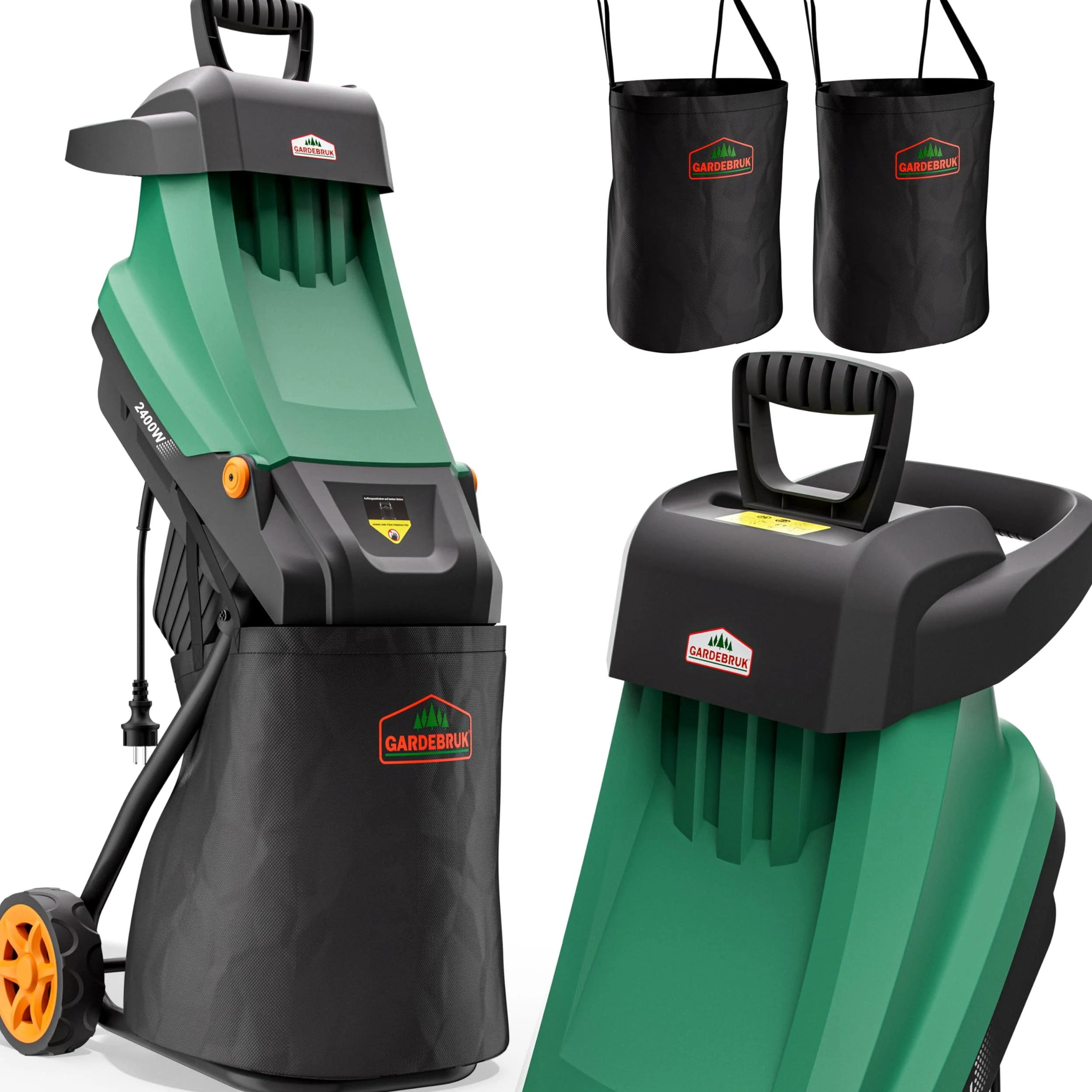GARDEBRUK® Trituradora de Ramas Ø45mm, Triturador Electrico Jardin, Corta Troncos Leña, 2400W, Bolsa de Recolección 50L, Cuchillas de Acero, Residuos