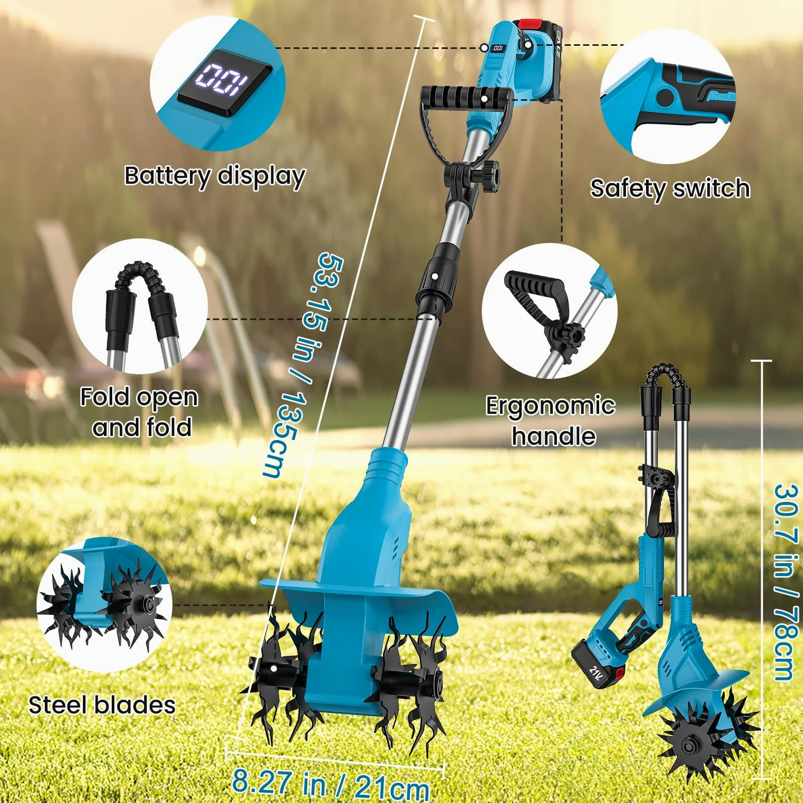 Motoazada Electrica 21V, Motoazada Bateria con 2 x 4.0Ah Bateria, Motor sin Escobillas, Rodillo Doble 4 Cuchillas, Pantalla LED, 20 cm de Ancho y 16 cm de Profundidad, Motoazada para Huertos y Patios