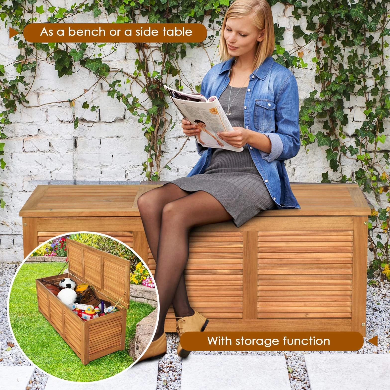 GOPLUS Baúl Almacenaje Exterior de Madera Acacia, Banco Contenedor con Capacidad 178L carga 150 kg, Caja de Almacenamiento con Tapa, Arcón para Jardín Patio Terraza Balcón, 120x45x45cm, Natural