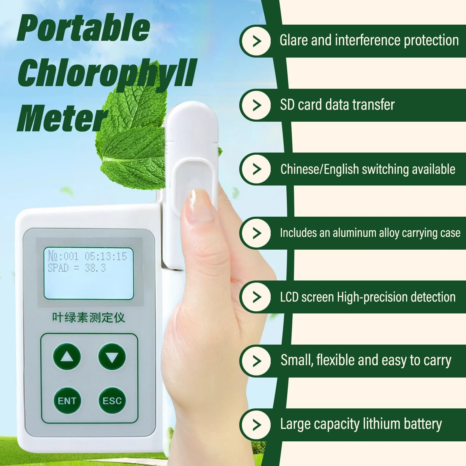 Tester De Clorofila Portátil Con Medidor Digital SPAD, Medición De Nitrógeno Foliar Y Humedad De Hojas, Análisis Hojas Y Nutrientes Y Monitor De Plantas(One parameters)