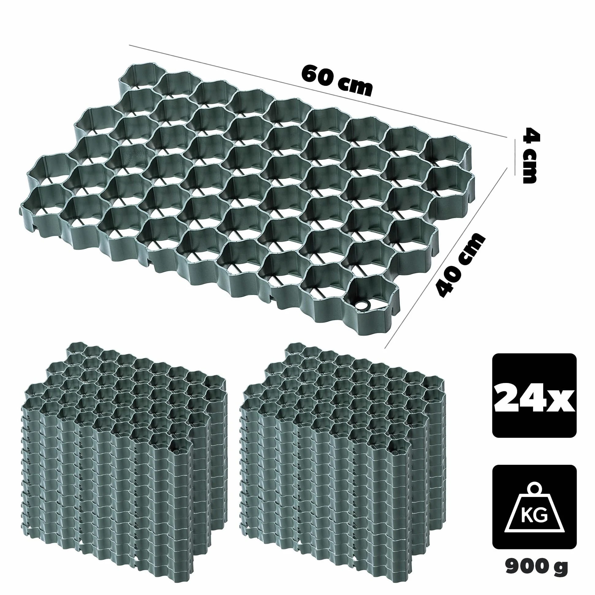 KADAX Placas de plástico, 60 x 40 cm, 6 m˛, 2 Colores, Capacidad de Carga de hasta 1000 toneladas, Rejilla de césped con Puntos Antideslizantes, (Verde, Rectangular, 24 Unidades)