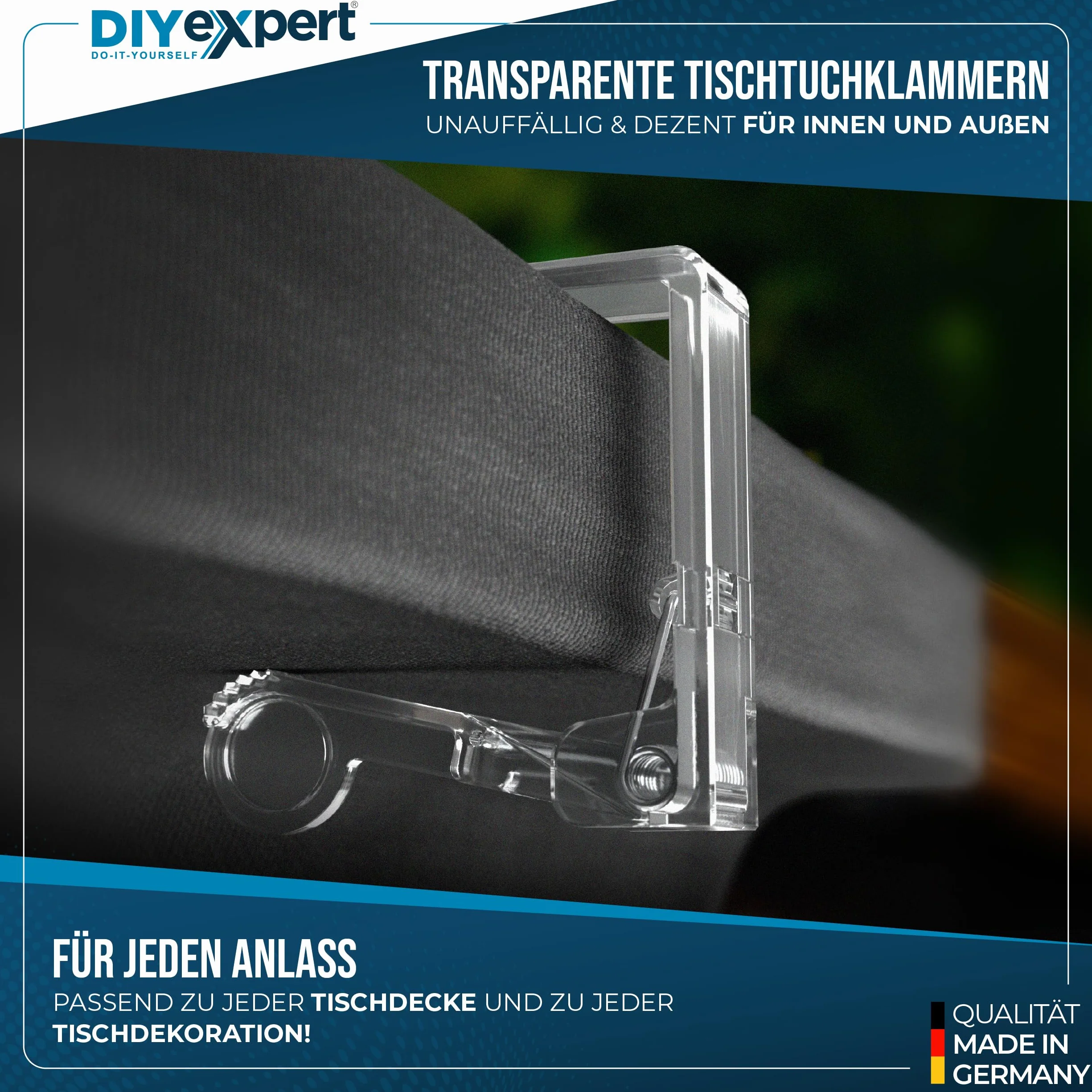 DIYexpert Pinzas para mantel transparentes, fabricadas en Alemania, 8 unidades, resistentes para mesas gruesas de hasta 45 mm, resistentes a la intemperie y antideslizantes, para jardín, balcón e