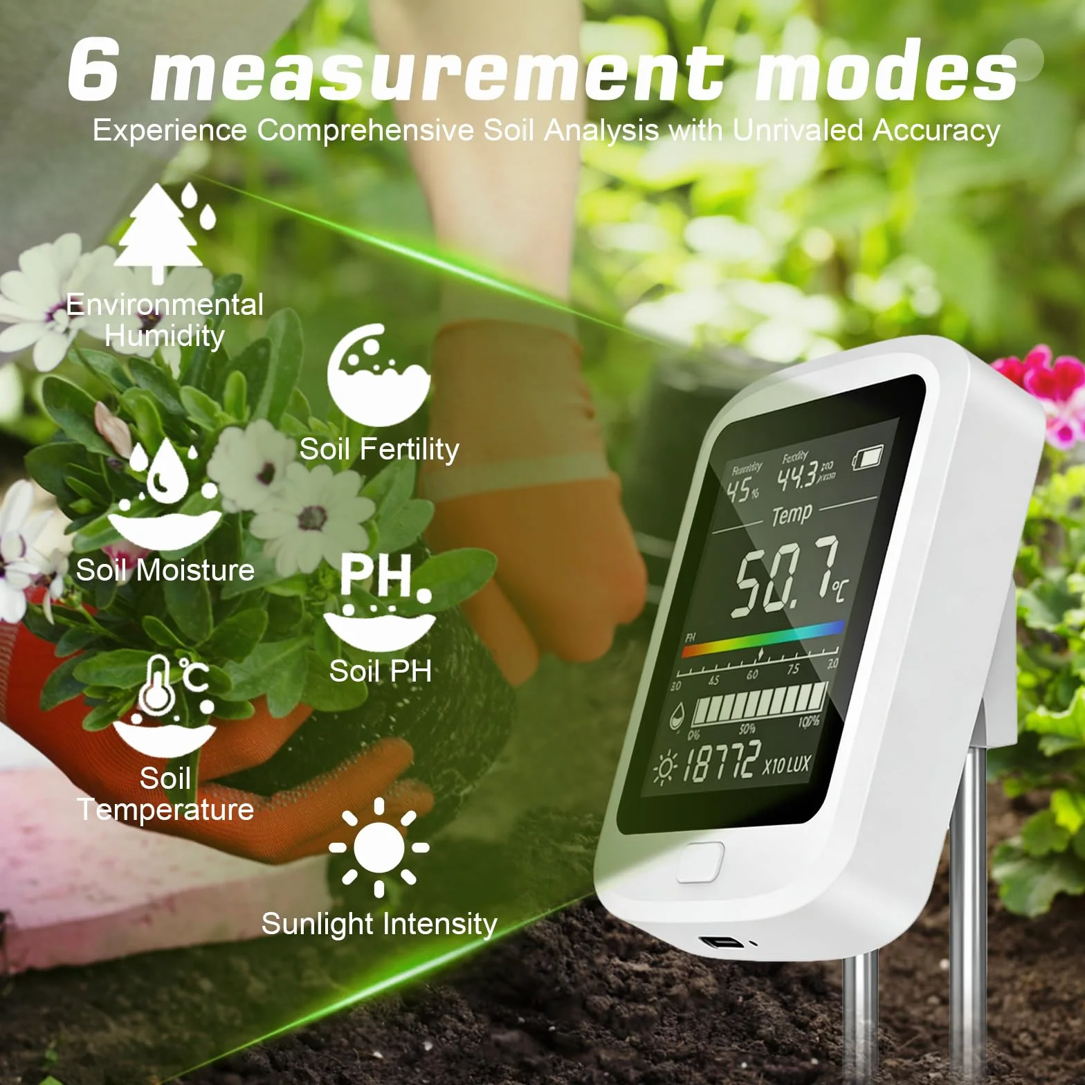 PORFOYO Medidor de PH Tierra, 6 en 1 Medidor de Humedad Plantas, Medidor Digital de Agua y Suelo con Fertilidad del Suelo/Humedad/Valor de PH/Temperatura/Luz Solar/Humedad Ambiental