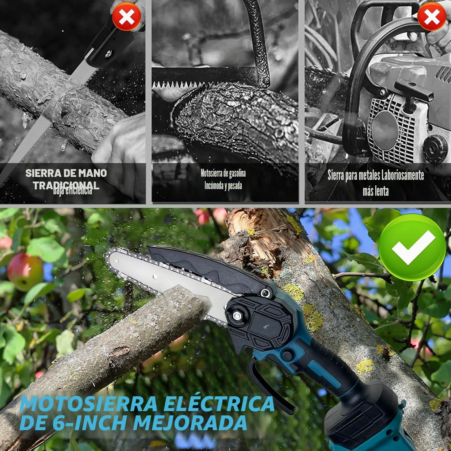 Motosierra de poda inalámbrica 2 en 1, 4100 RPM, mango telescópico 1,3-2,5 m, 2 baterías 3.0 Ah y cargador