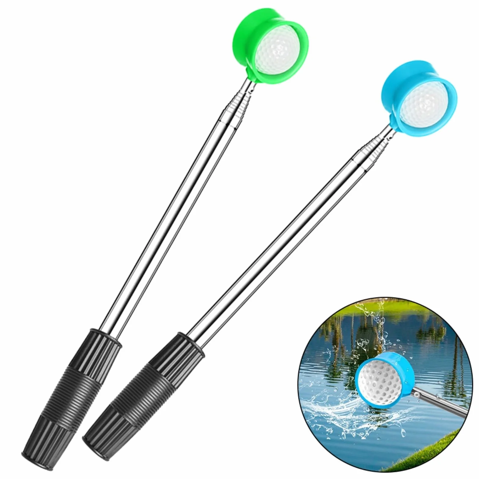 Recuperador telescópico de pelotas de golf de acero inoxidable de 12 pies, con agarre antideslizante y copa doble cara