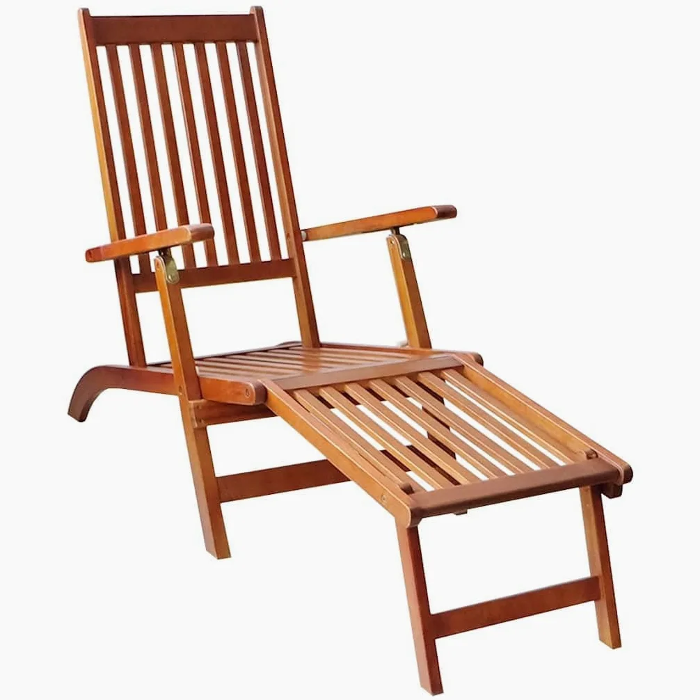 Tumbona plegable de madera de acacia maciza con cojín y reposapiés, silla de jardín ajustable en 3 posiciones para terraza y jardín, carga hasta 110 kg