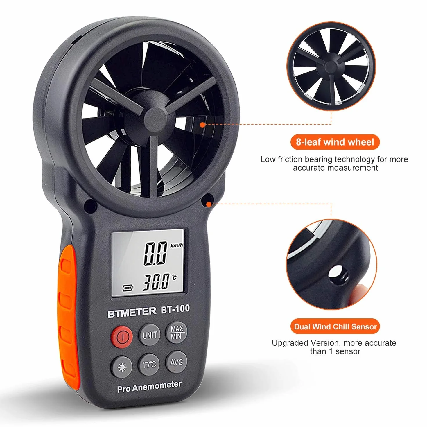 BTMETER BT-100 Anemómetro Portatil, Digital Anemómetro de Mano del viento de Pantalla LCD Medidor de Velocidad Viento Aire con Luz de Fondo MAX/MIN para Vela