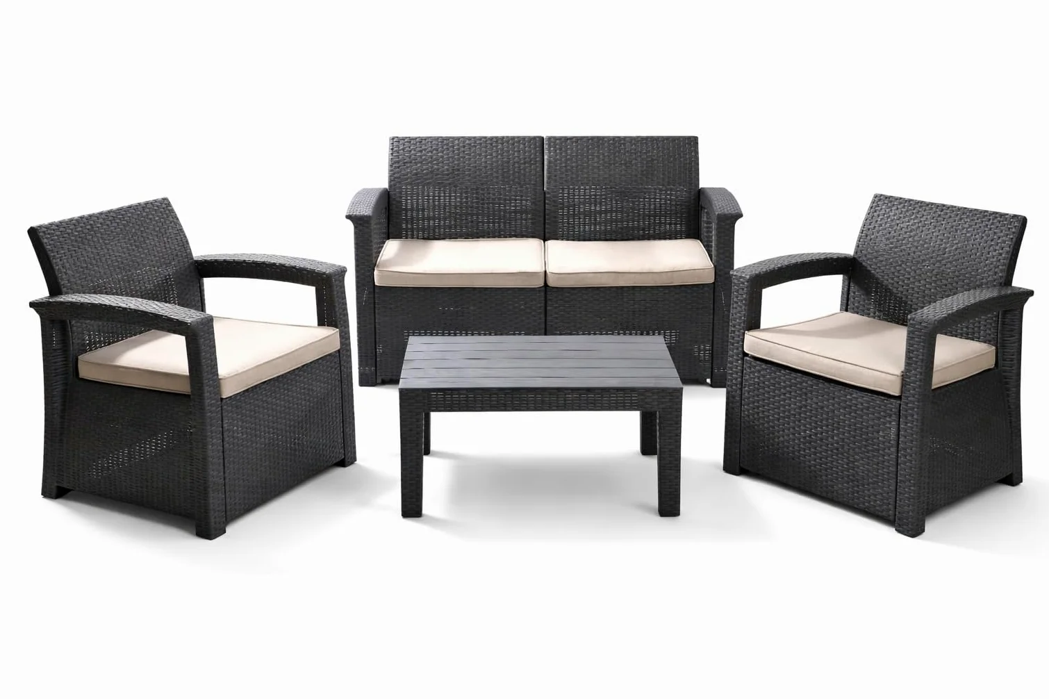 MUEBLIX.COM - Conjunto de Jardín Raeiros, Sofá de 2 Plazas más 2 Butacas y Mesa, Set de Muebles de Jardín Exterior para 4 Personas, Cojín de Tela, Polipropileno con Acabado Ratán, Gris