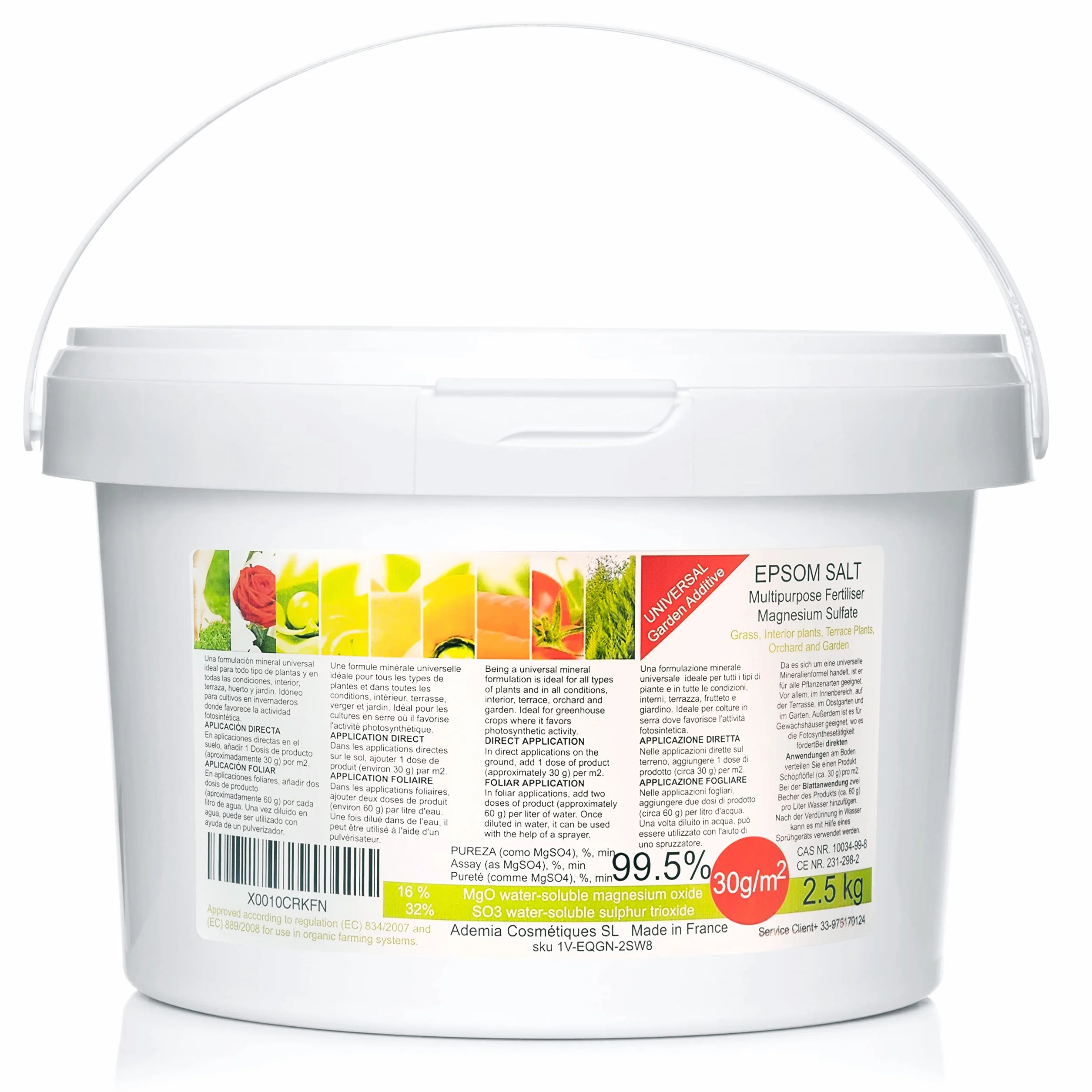 Abono Ecológico de Sales de Epsom (Sulfato de Magnesio). Fertilizante rico en magnesio para todo tipo de cultivos, tomates, cítricos, frutales, rosales y plantas de exterior e interior (2,5 kg)