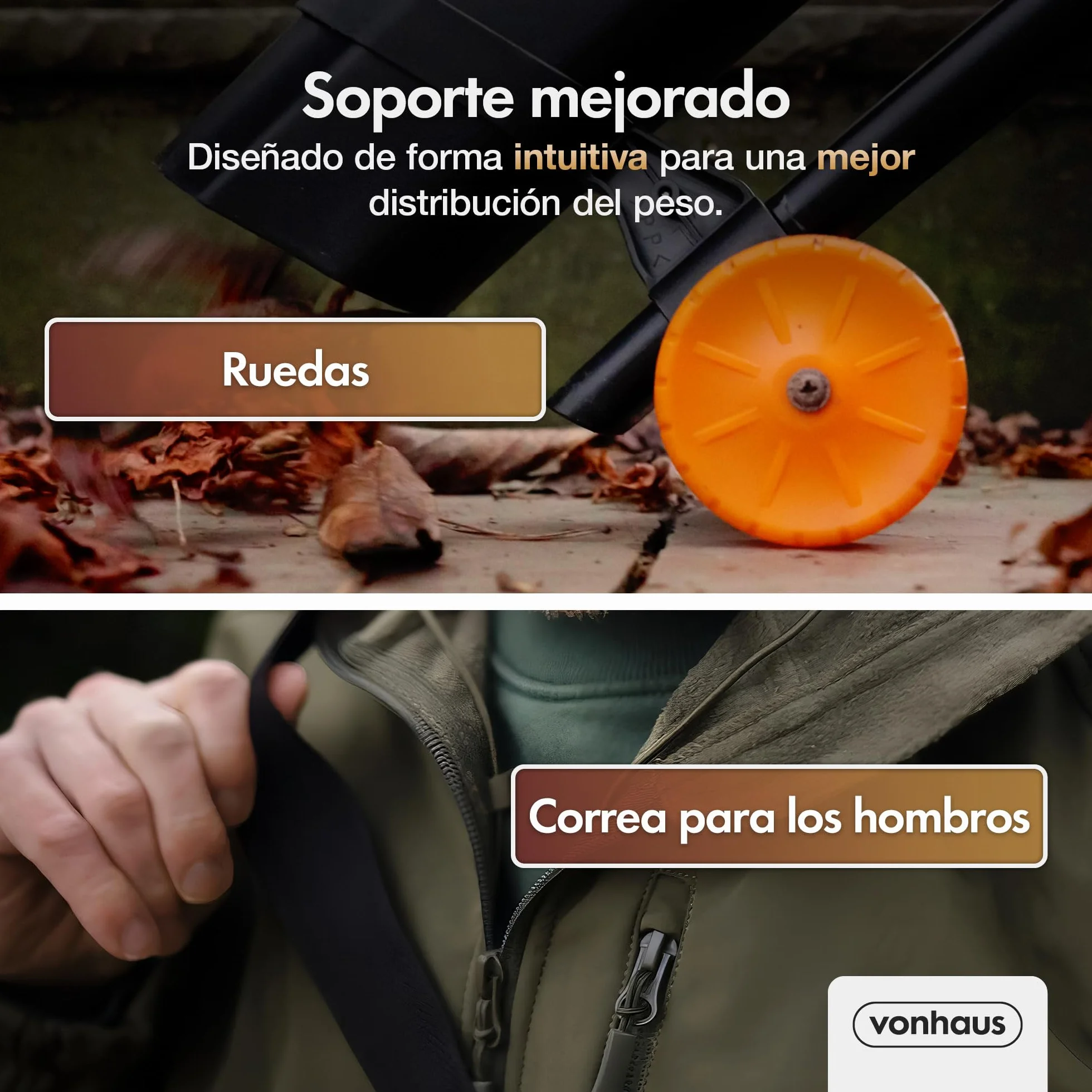 VonHaus Soplador Aspirador de Hojas Ligero de 3000W – Sopladora Aspiradora de Hojas de Jardín, Patio, Canalones, Caminos y Más, Correa de Hombro, Ruedas, Bolsa de Recogida de 35L 10:1 (Negro)