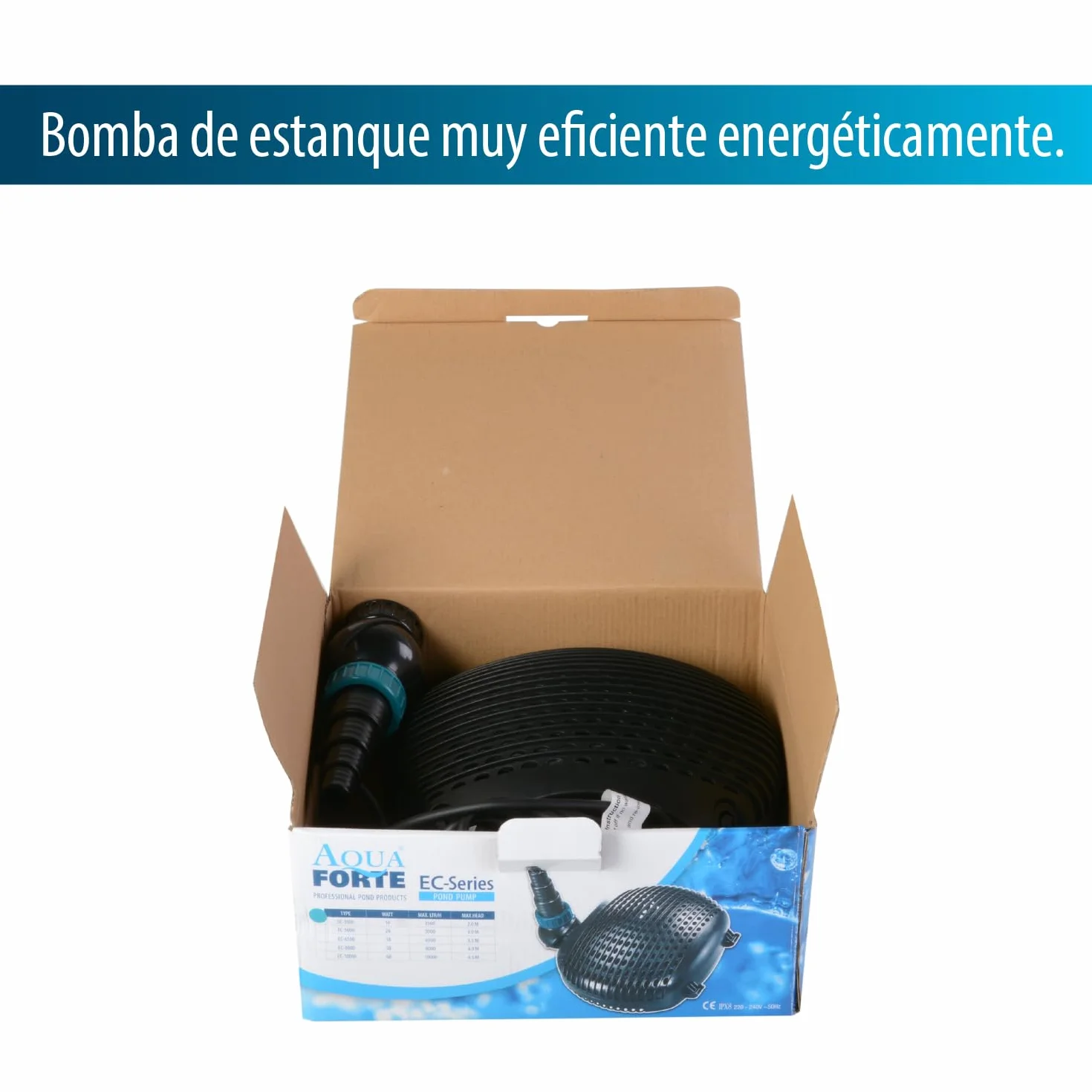 Bomba de filtro/estanque AquaForte EC-6500 6,5 m³/h, altura de impulsión 3,5m, 38Watt, Negro | adecuado para agua dulce y salada | adecuado para arroyos, cascadas, fuentes, filtros, etc.