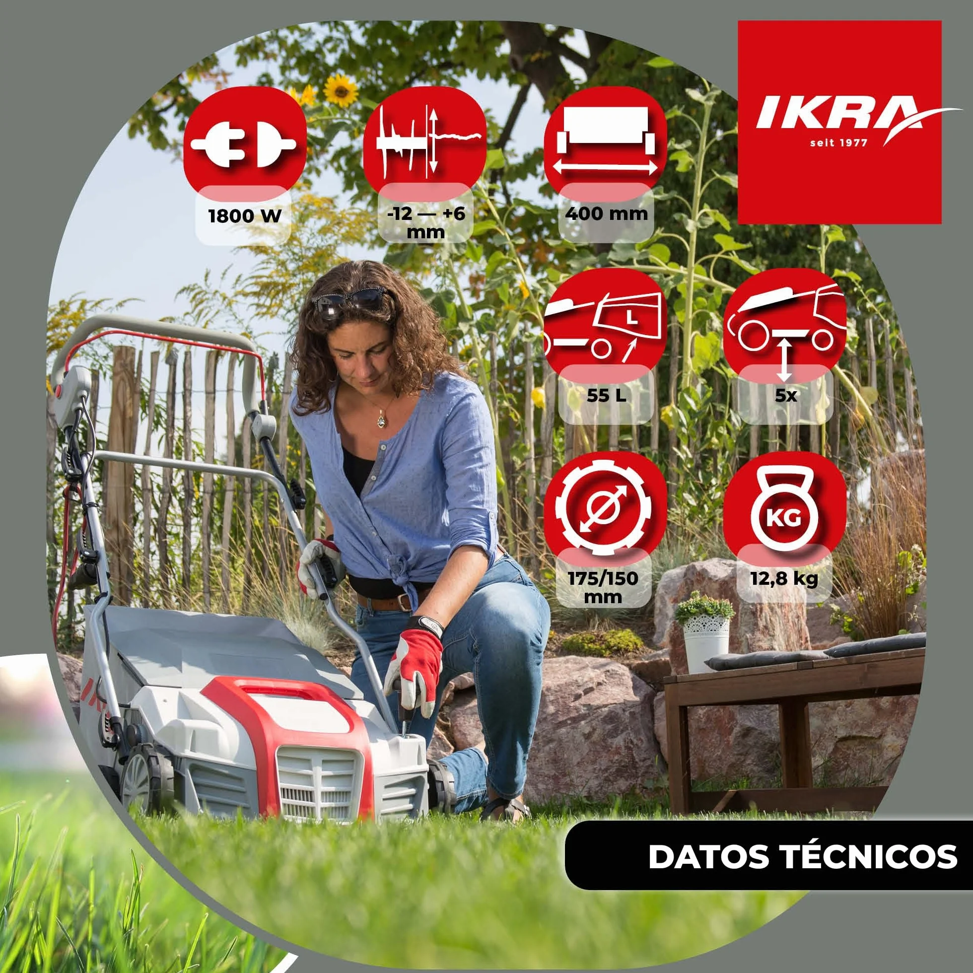 IKRA 80201020 escarificador y aireador eléctrico IEVL 1840, Saco coletor 55l, Largo de Trabajo 40cm, 1800 W, 230 V, color gris, rojo y negro