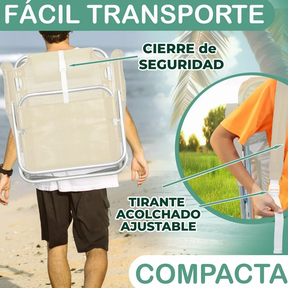 LOLAhome Silla Playa Mochila de 4 Posiciones de Aluminio y textileno de Color Beige