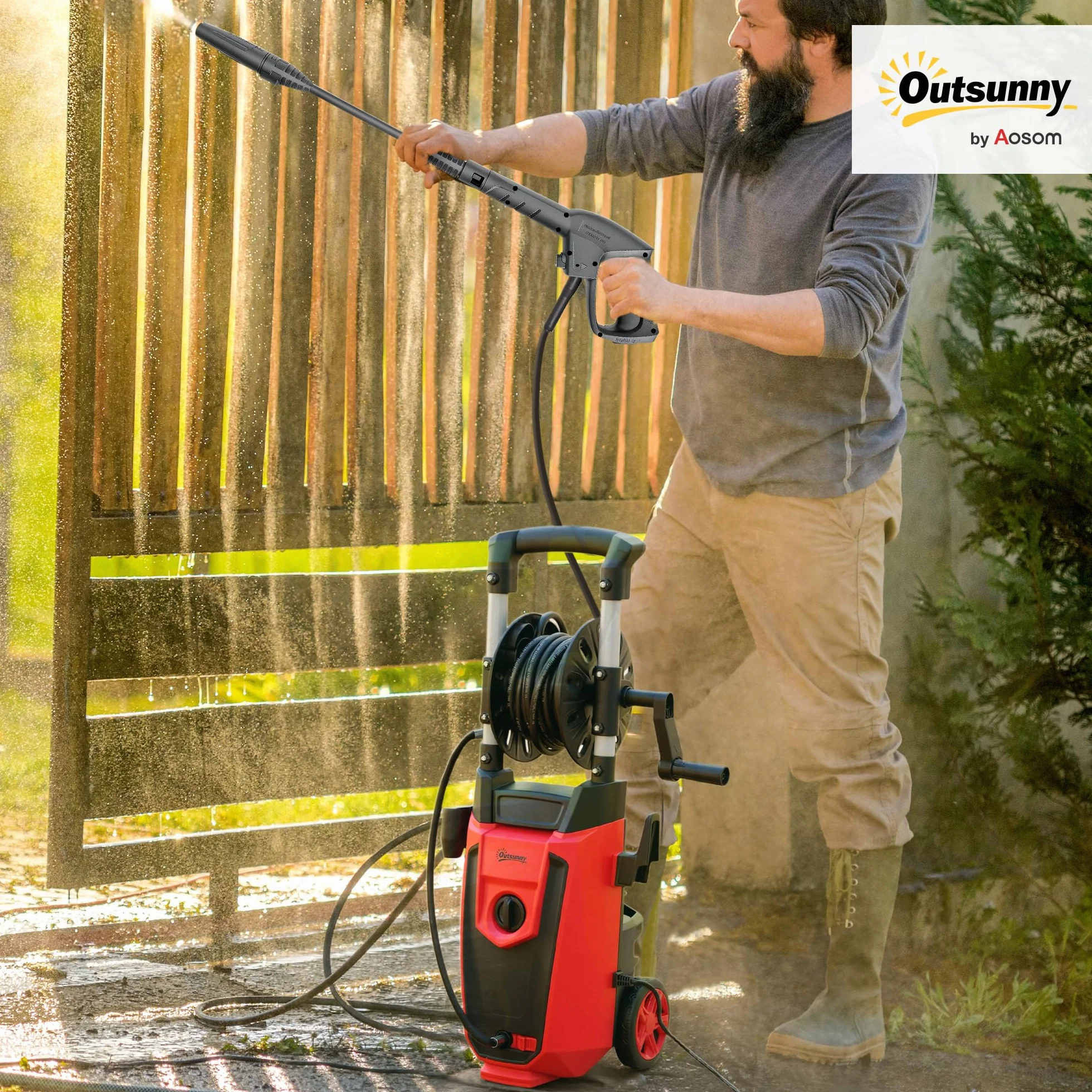 Outsunny Hidrolimpiadora de Alta Presión 1800W, Presión 150 Bar, Caudal 420 L/h, con Bomba de Aluminio, Parada Automática, Manguera de 6 m, Incluye Botella de Espuma y Boquilla Ajustable, Rojo y Negro