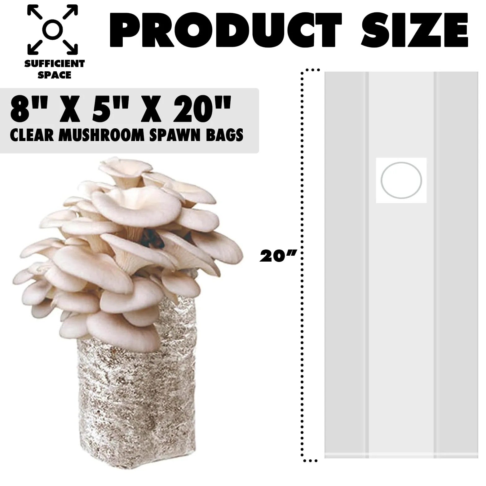 TonGass Paquete de 100 bolsas de cultivo de hongos autoclavables a granel con parches de filtro microporosos, grandes de 8 x 5 x 20 pulgadas, extra gruesas, 80 micras (= 3 mil) | Bolsa de sustrato a