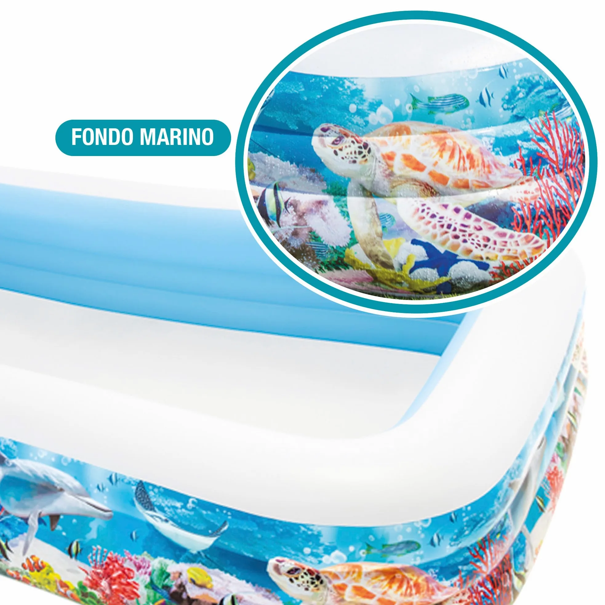 Intex Piscina Hinchable Grande diseño océano, 305x183x56 cm, 1050 litros, 3 cámaras de Aire, Tapón de desagüe, Vinilo Resistente, Uso Exterior, Ideal jardín y Verano, Parche Incluido, +6 años (58485)