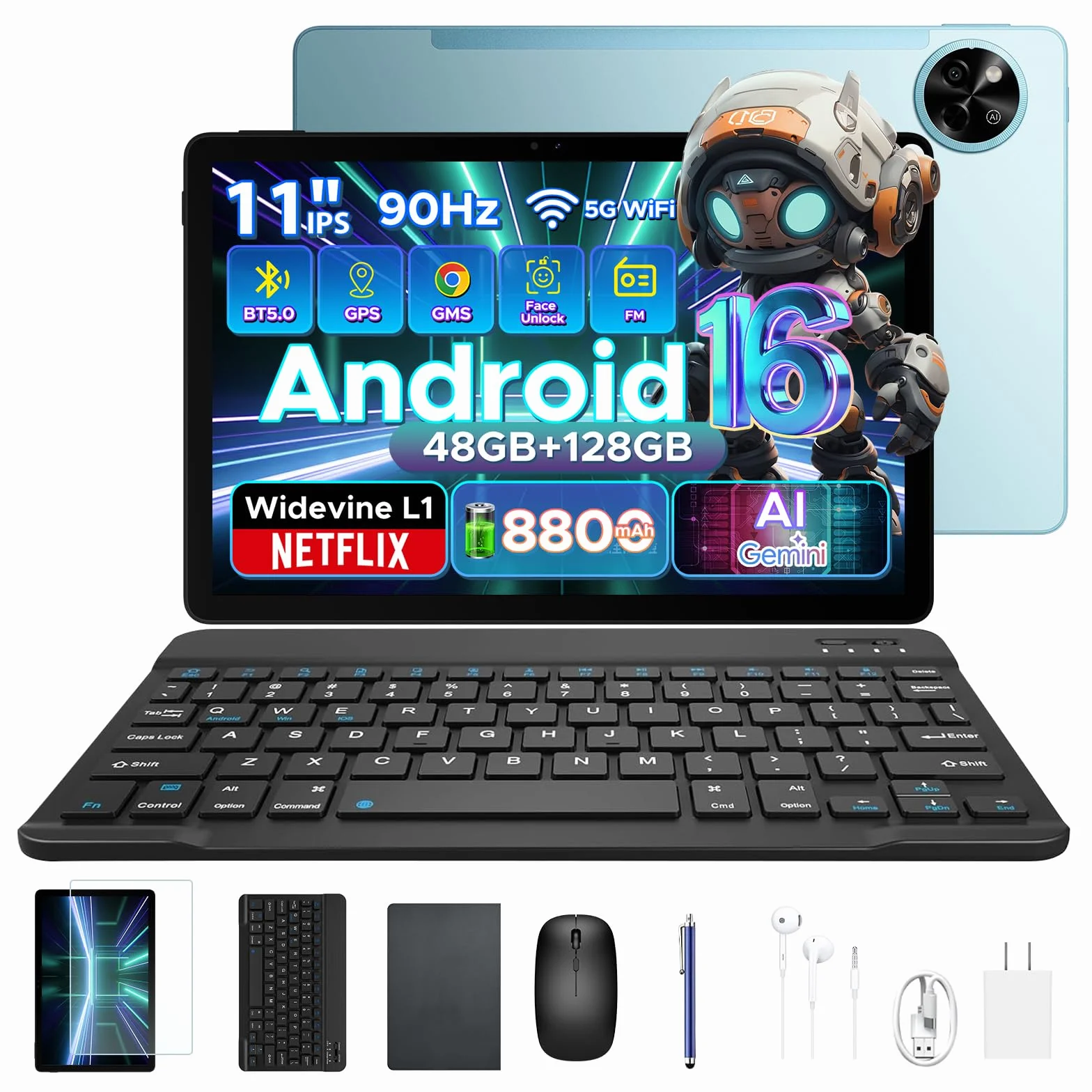 P11 Android 16 Tablet 11 Pulgadas, 48GB RAM 128GB ROM, 90Hz, T7250 Octa-Core, 8800mAh, Gemini AI, Widevine L1, Azul
