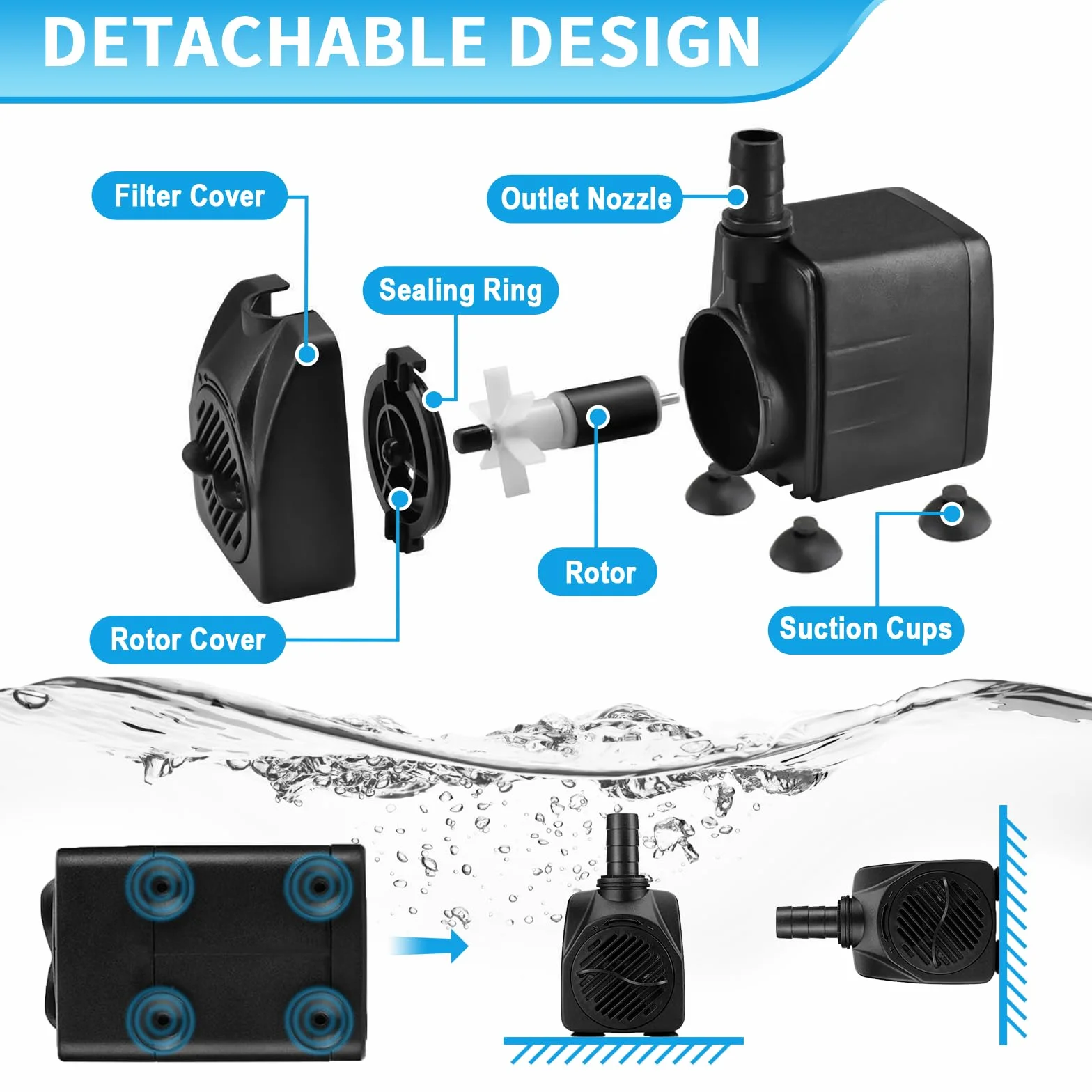 Bomba de Agua 25W 1800L/H 220V Mini Bomba de Acuario, Bomba Ajustable con 3 Boquilla y Cable de Alimentación, Bomba Sumergible Jardín Fuente de Estanque