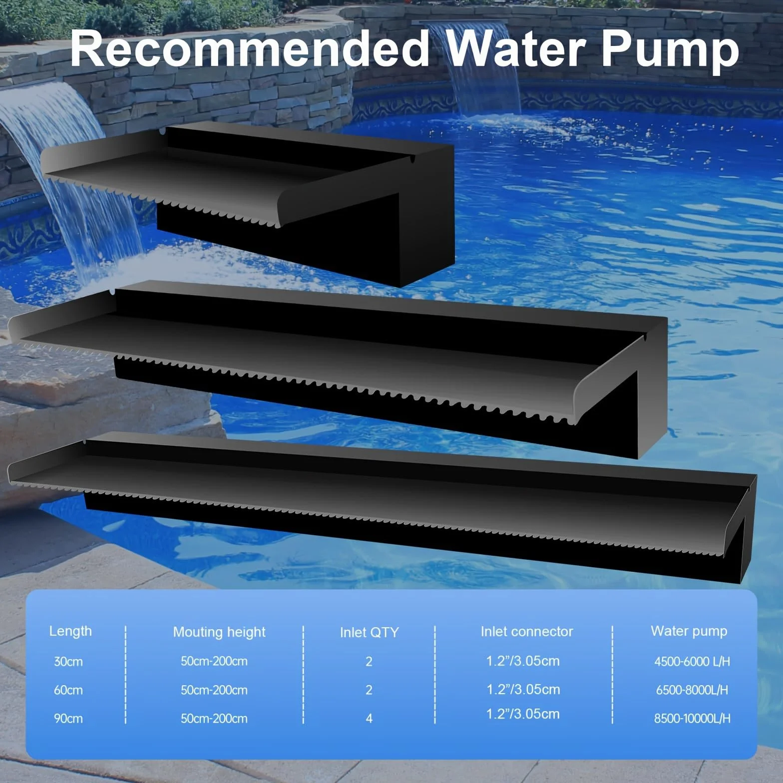 Kit de Fuente de Cascada de Jardín en Acero Inoxidable, Diseño Elegante para Patio, Estanque Exterior Negro con Vista al Agua para Decoración de Terraza - 90x20x10cm (Sin luz)