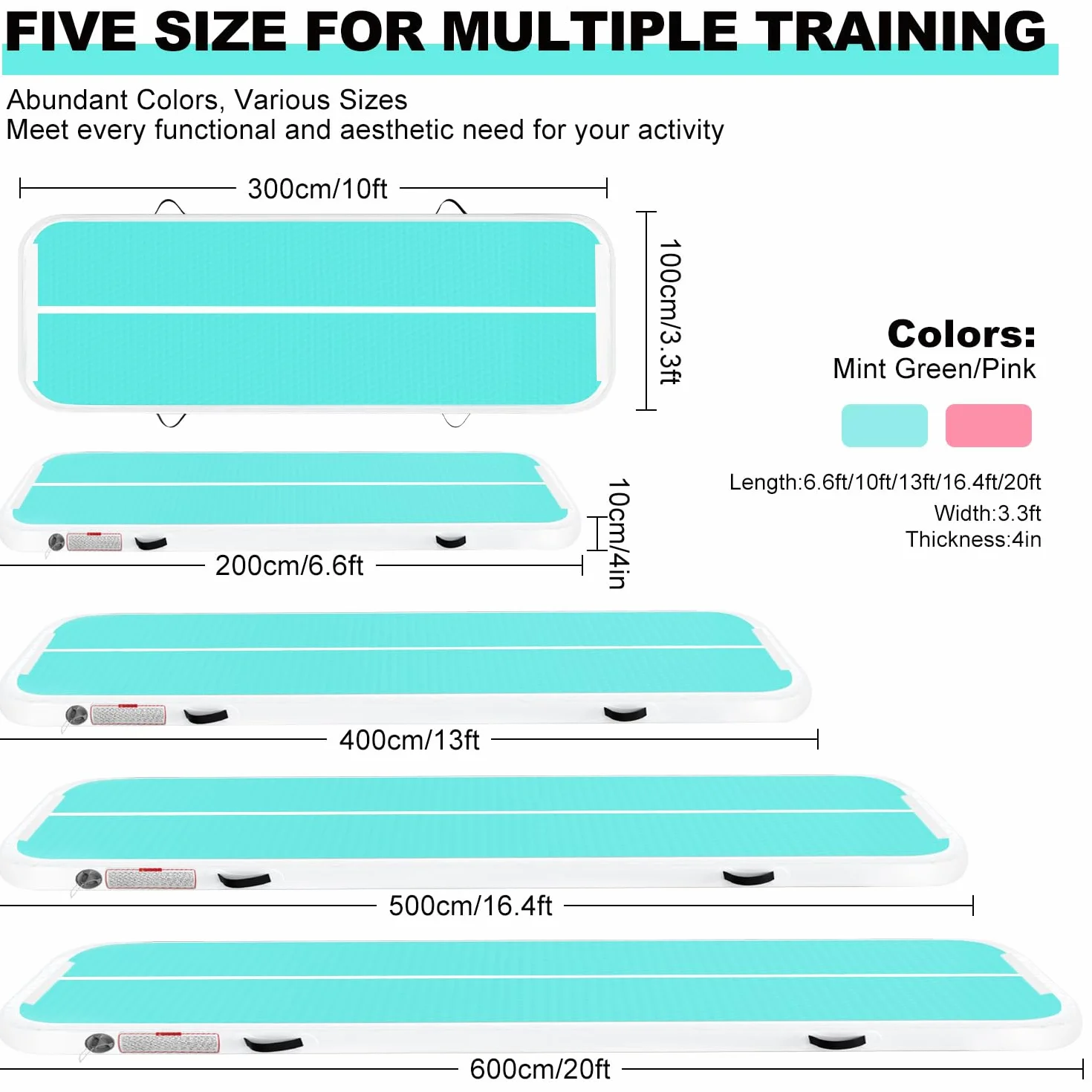 Colchón de Gimnasia Air Tumble Track Hinchable 6,6ft 10ft 13ft 16ft 20ft 10cm para Tumbling Yoga Agua Danza