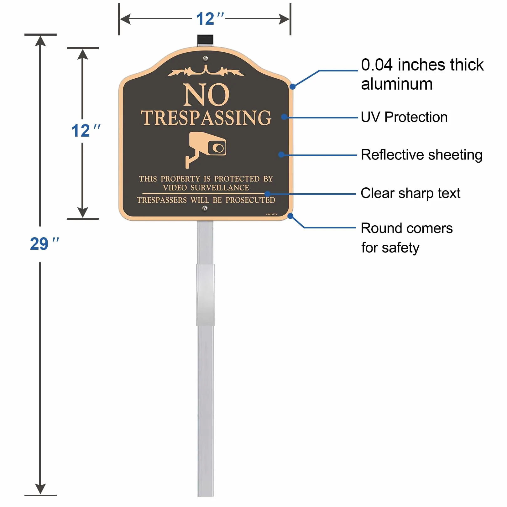 Letrero grande (2 unidades) con texto en inglés "No Trespassing", señales de videovigilancia para exteriores, metal, aluminio, incluye estacas de metal para una fácil instalación, 30,5 x 30,5