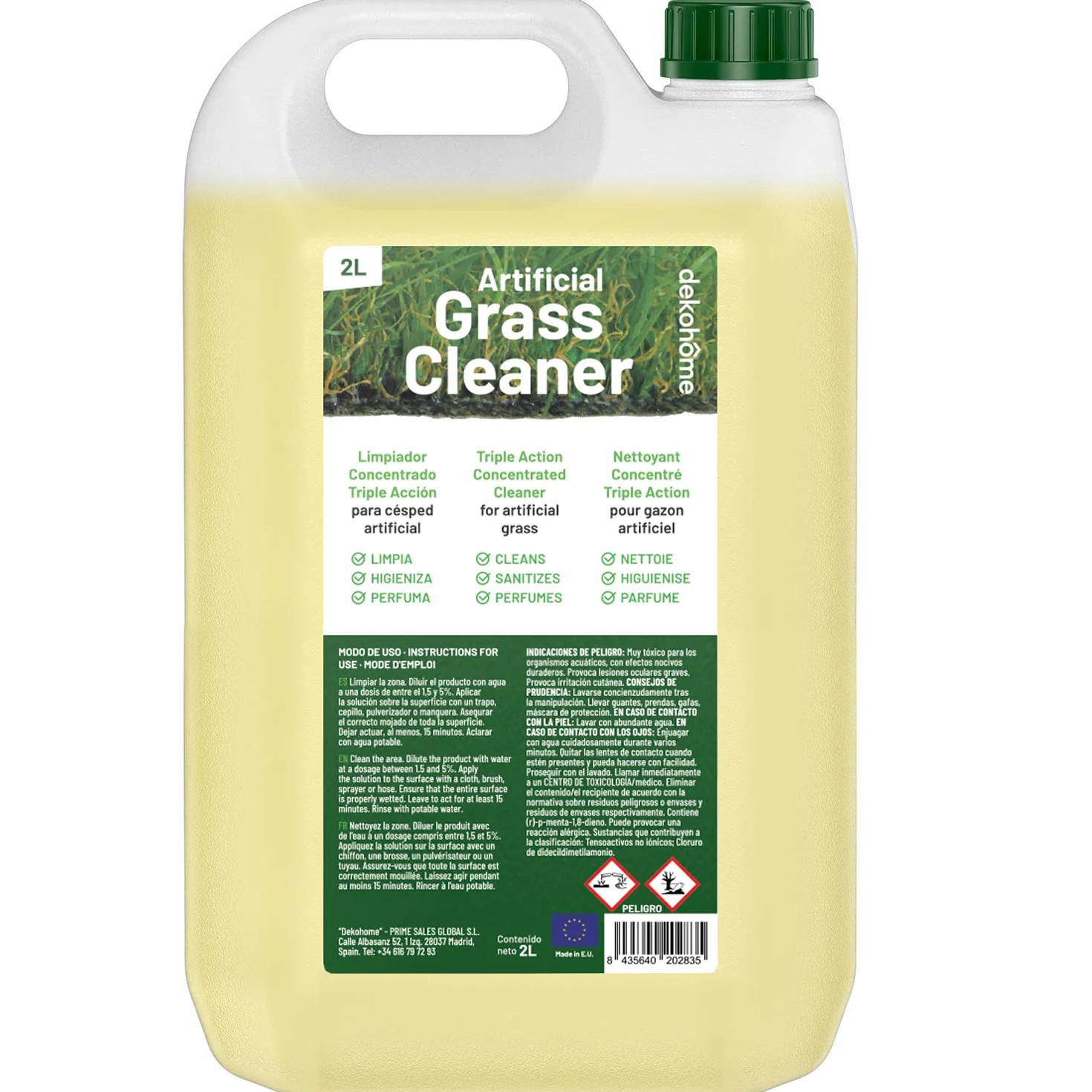 Higienizador Césped Artificial, Concentrado, Triple acción: Limpia, Higieniza y Perfuma, 2L