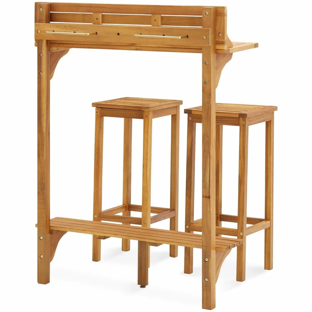 vidaXL Juego de Muebles de Bar de Balcón Jardín 3 Piezas Patio Balcón Bar Bistró Pub Comedor Mostrador Taburete Mesa Alta Madera Maciza de Acacia
