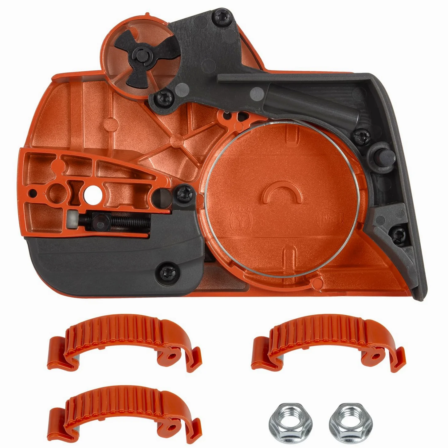 Conjunto de cubierta de embrague de freno de cadena compatible con motosierra Husqvarna 135 140 435 440 E II, incluye clips a presión y tuercas de barra, sustituye a 501388203 536329204 501388201