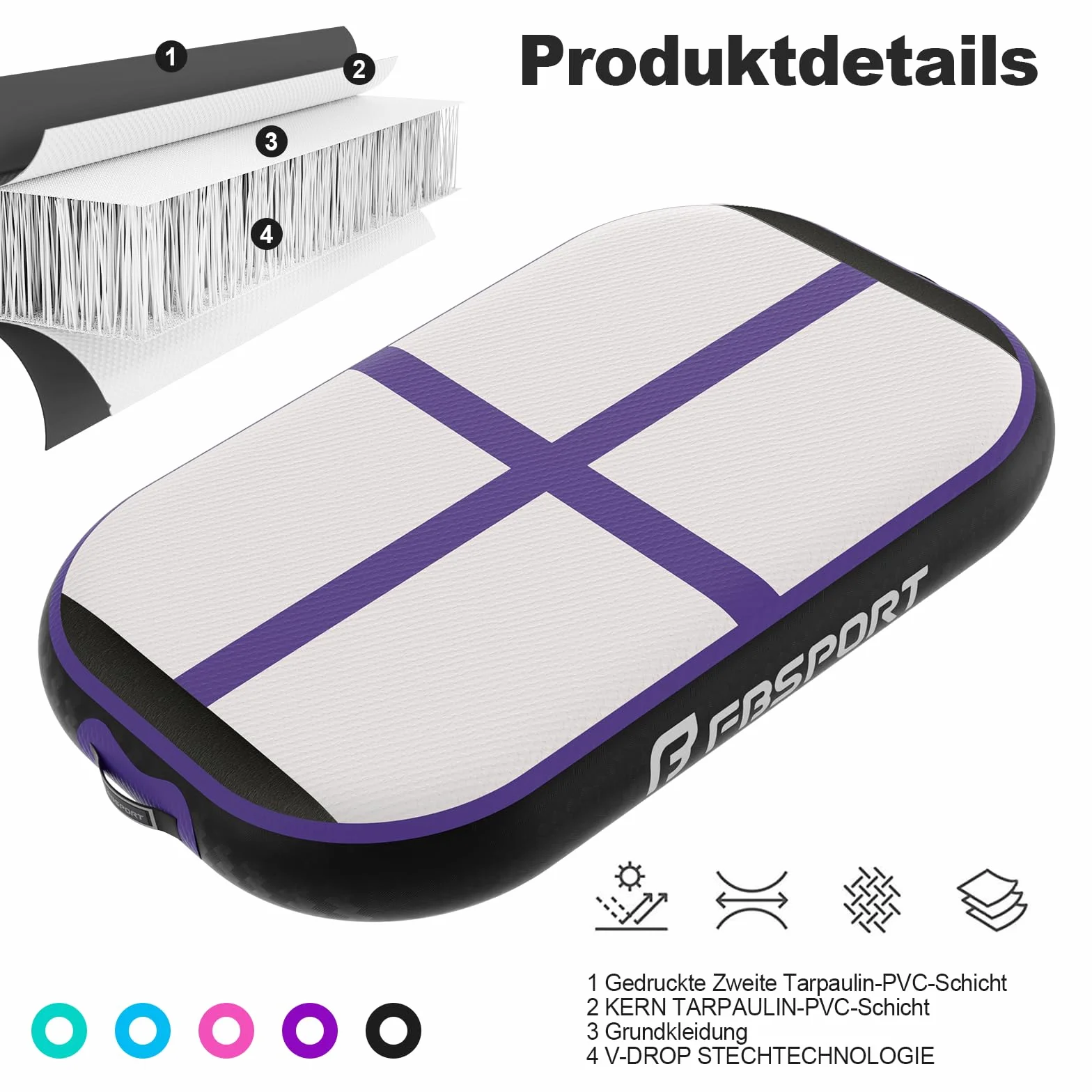FBSPORT Esterilla de Gimnasia Airtrack Matte 10/20 cm Alto 60 cm Grosor con Bomba de Aire