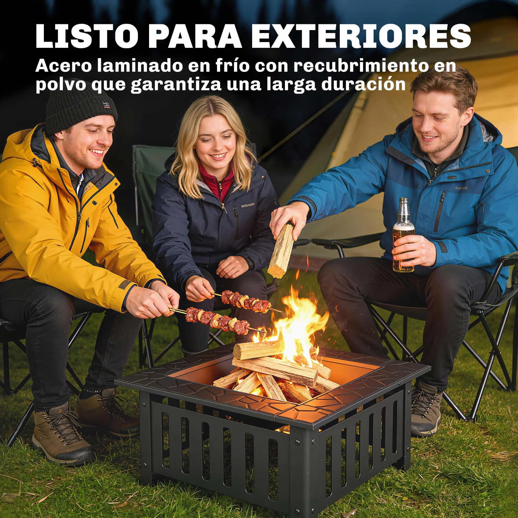 Outsunny Brasero Exterior de Acero Cuadrado, 67x67x47 cm, Brasero Exterior Jardín con Atizador, Tapa de Malla, para Terraza, Camping, Fiesta, Negro