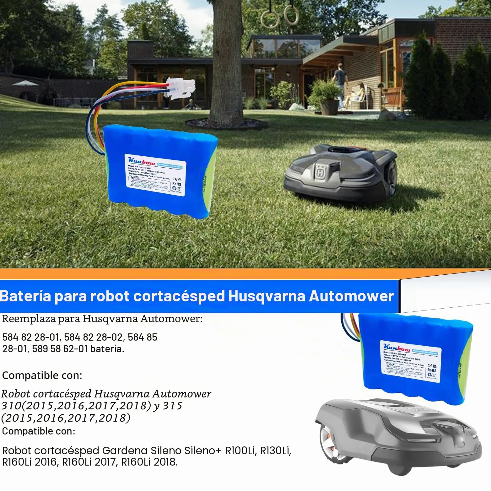 Batería de repuesto para robot cortacésped Husqvarna Automower 310,315,5848228-01,5848228-02,5848528-01, 5895862-01, compatible con Gardena Sileno R100Li, R130Li, R166 0Li césped rojo Bot.