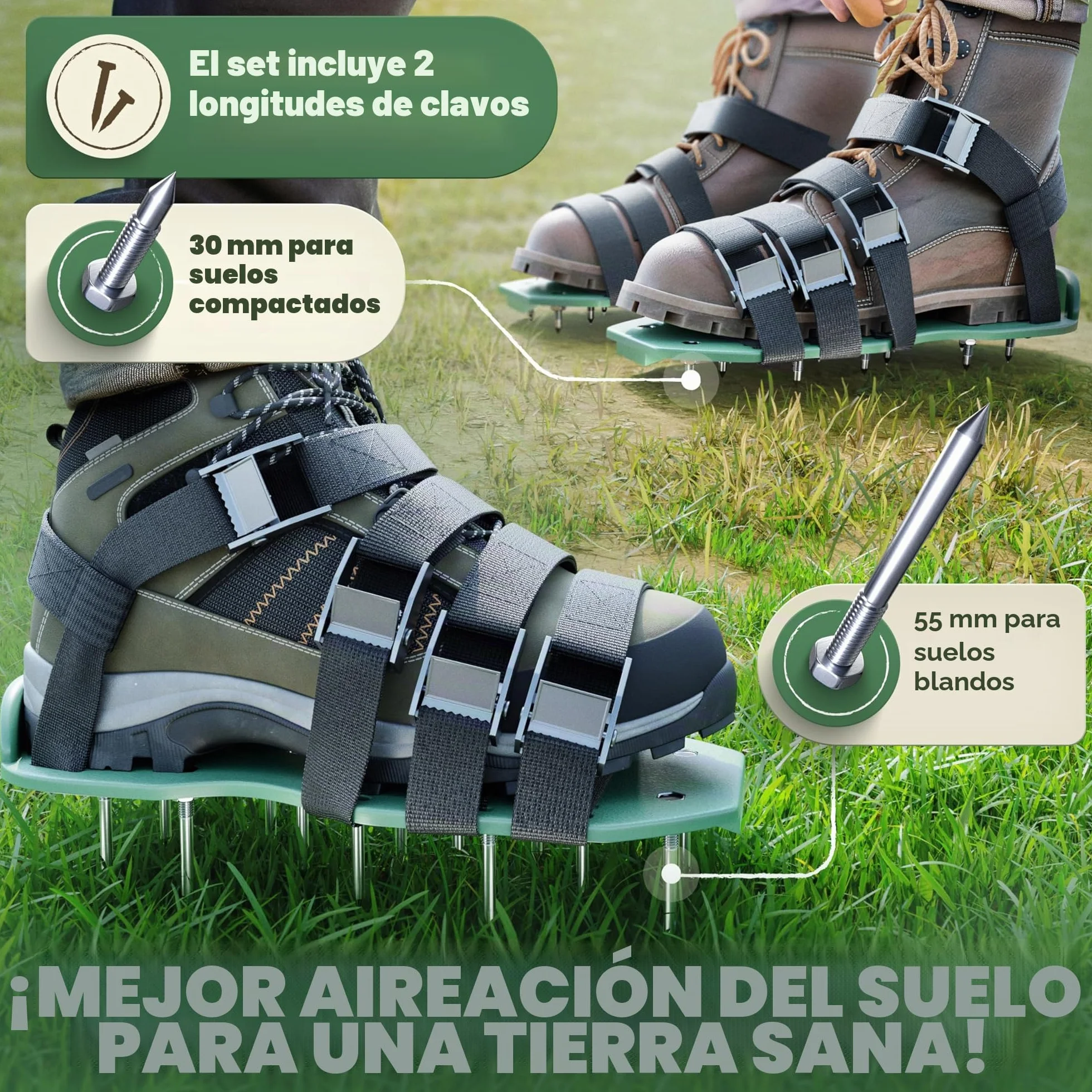 LAINFELD Aireador de césped, zapatos con clavos cortos y largos, aireador de césped con 4 correas, escarificador para césped, zapatos de jardín aerificados.