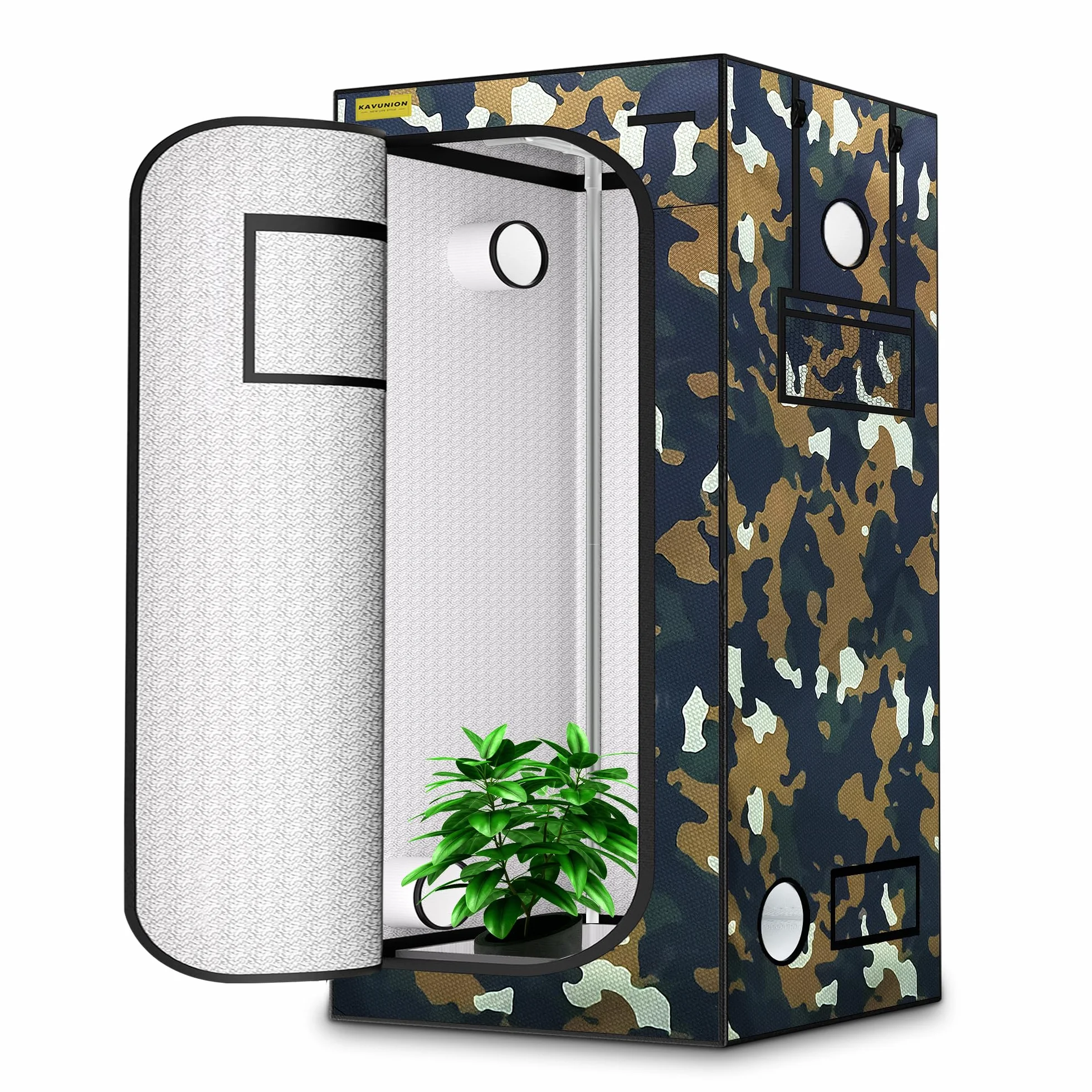 Tienda de campaña de crecimiento de 100 x 100 x 200 cm, camuflaje 600D Oxford Grow Tent con capa reflectante de poliéster, tubos de acero de 19 mm, ventanas de ventilación, suelo extraíble, tienda de