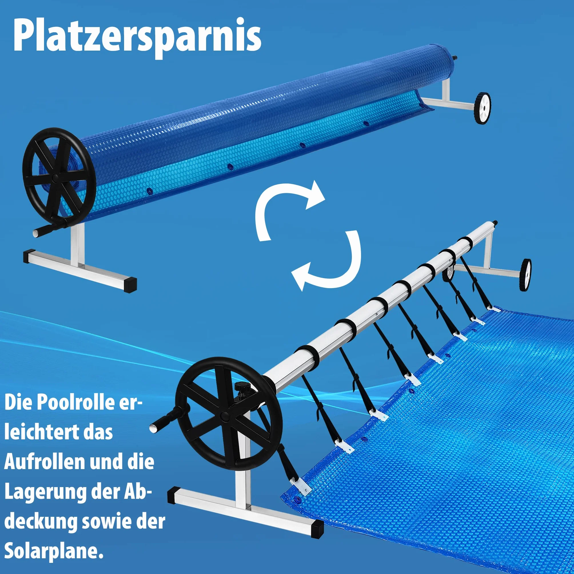YUENFONG Sistema Enrollable móvil de Acero Inoxidable para Lona Solar, Lonas de Piscina, Enrollable móvil Ajustable, con Ruedas y Correas, Material Resistente a la Intemperie (3m-5,70m)