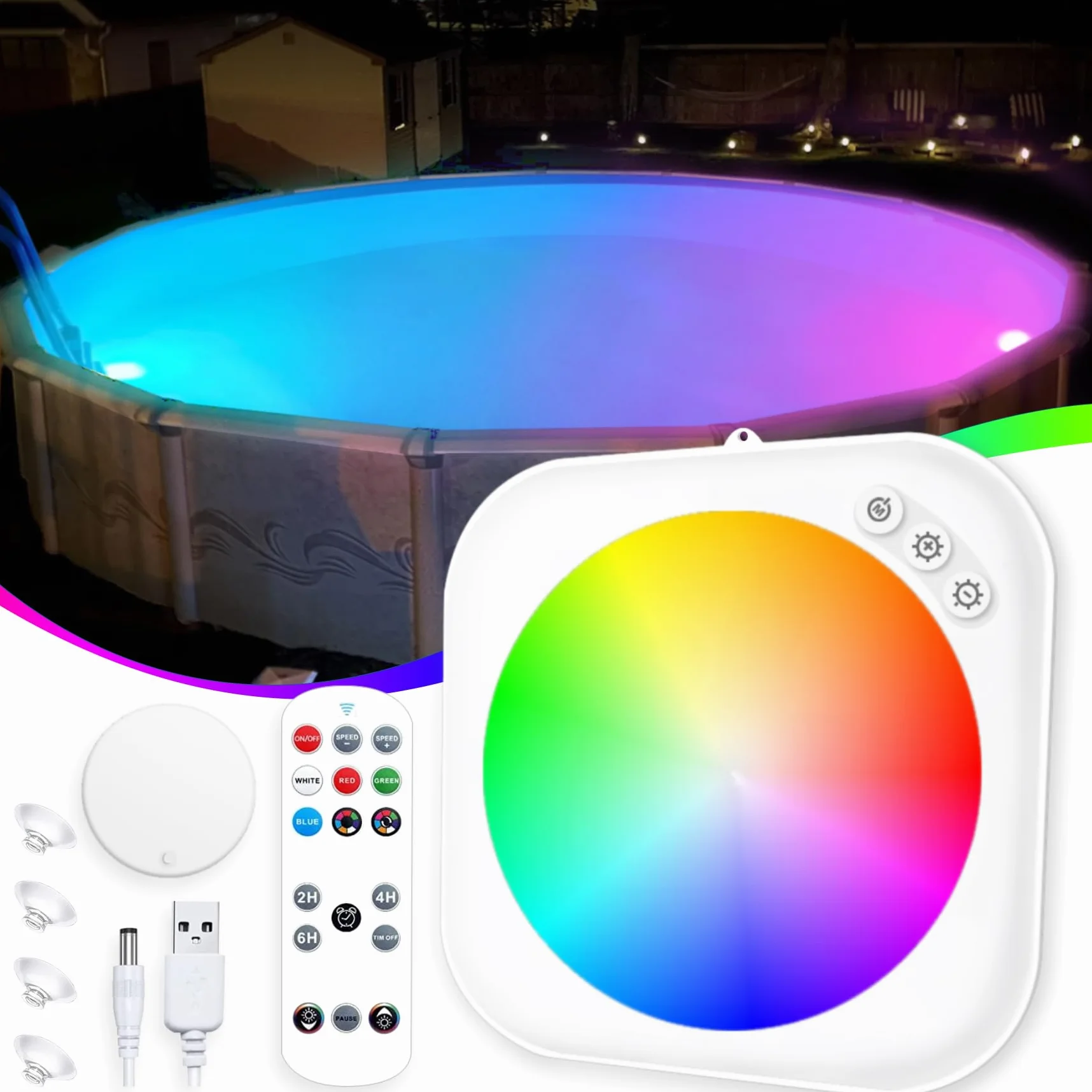 DeeprBlu Luce Piscina Inalámbrica con Control Remoto, Luces Piscina Sumergibles Recargables para Piscinas Elevadas, Focos Piscinas LED Sumergibles, Luz Magnetica con Ventosas, Luces Bañera para Spa