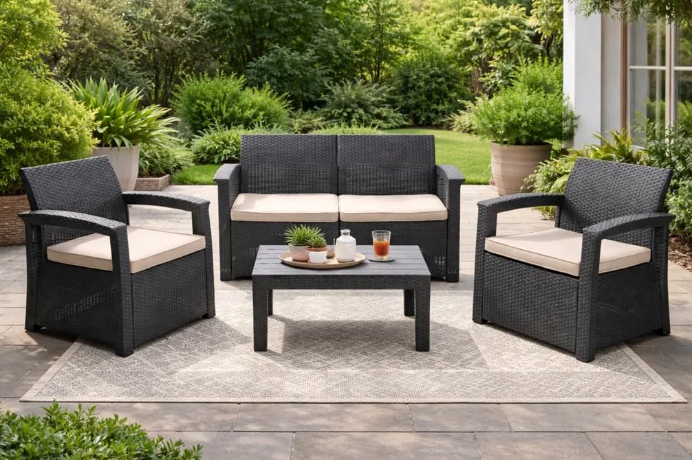 MUEBLIX.COM - Conjunto de Jardín Raeiros, Sofá de 2 Plazas más 2 Butacas y Mesa, Set de Muebles de Jardín Exterior para 4 Personas, Cojín de Tela, Polipropileno con Acabado Ratán, Gris